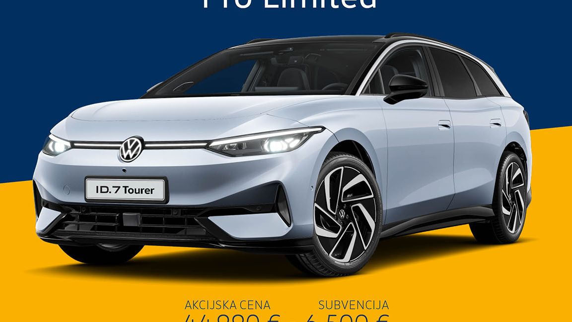 Slika prikazuje Volkswagen ID.7 Tourer Pro Limited na modro rumenem ozadju. Prikazana je njegova akcijska cena 38.490 €, ki vključuje subvencijo 6.500 €. 