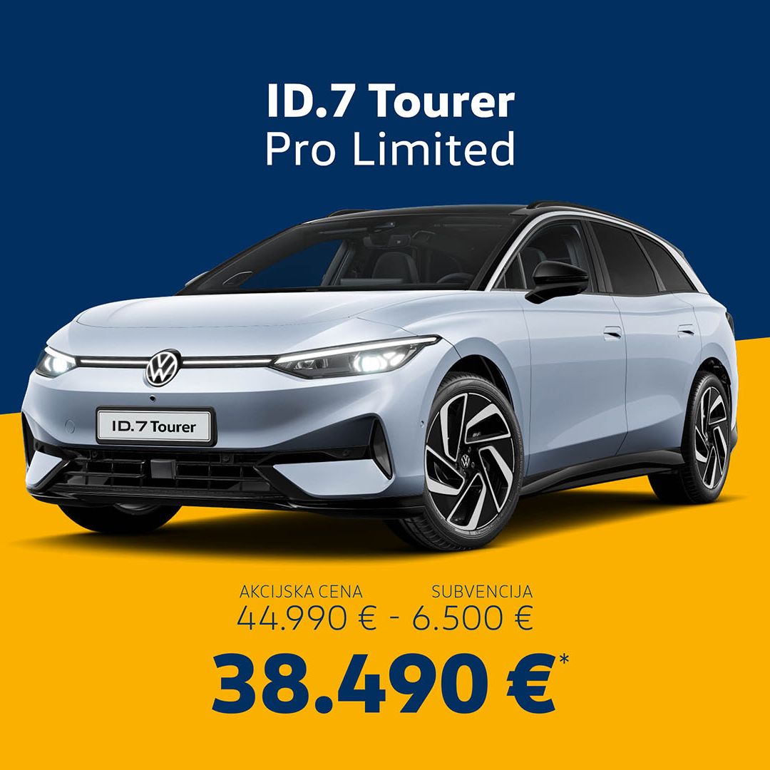 Slika prikazuje Volkswagen ID.7 Tourer Pro Limited na modro rumenem ozadju. Prikazana je njegova akcijska cena 38.490 €, ki vključuje subvencijo 6.500 €. 