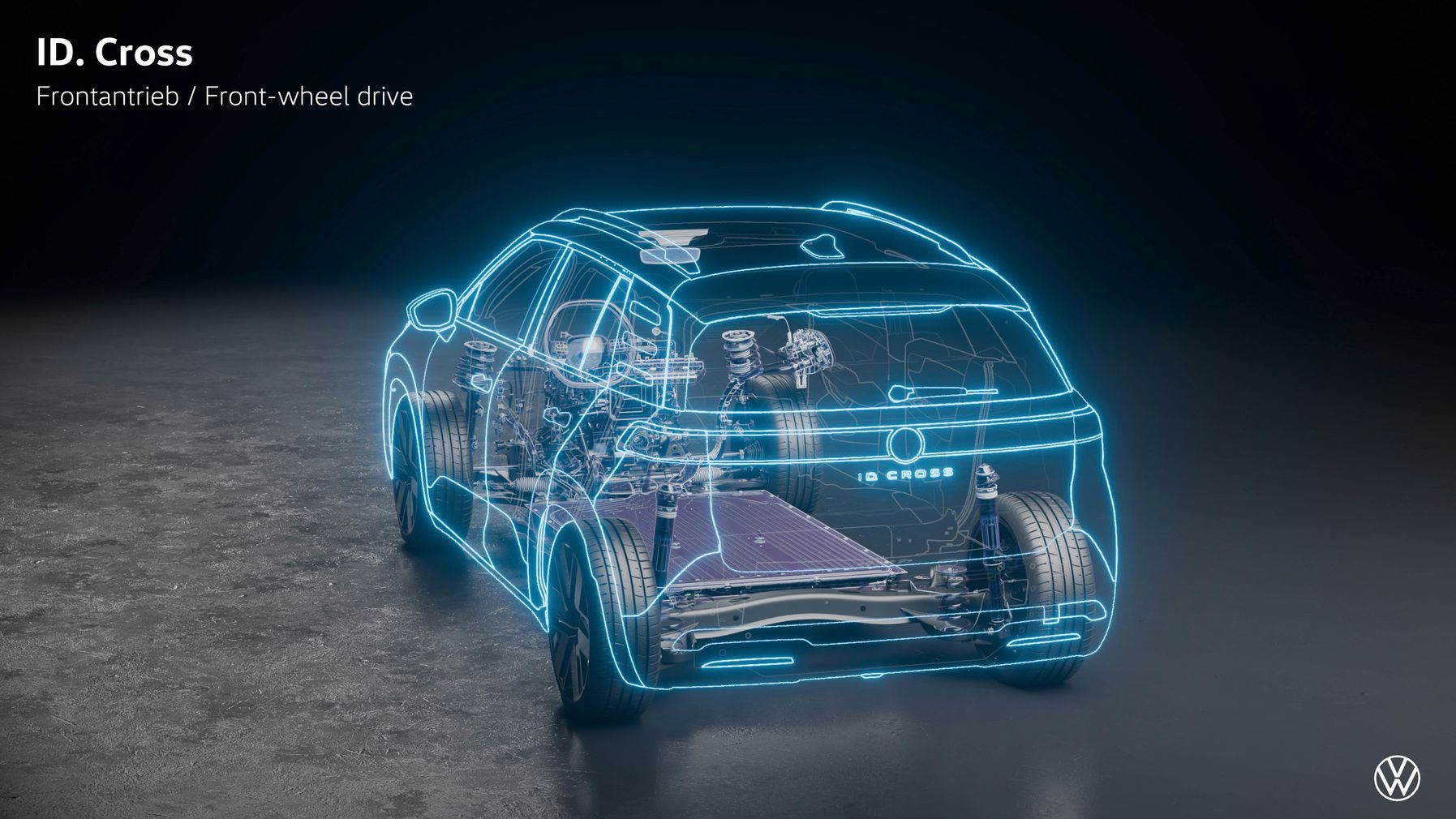 Prozoren model Volkswagna ID. Cross prikazuje notranje delovanje vozila s pogonom na sprednja kolesa. Različne tehnične komponente, kot so motor, menjalnik in baterija, so shemsko prikazane. Ozadje je temno, zaradi česar modre črte modela jasno izstopajo.