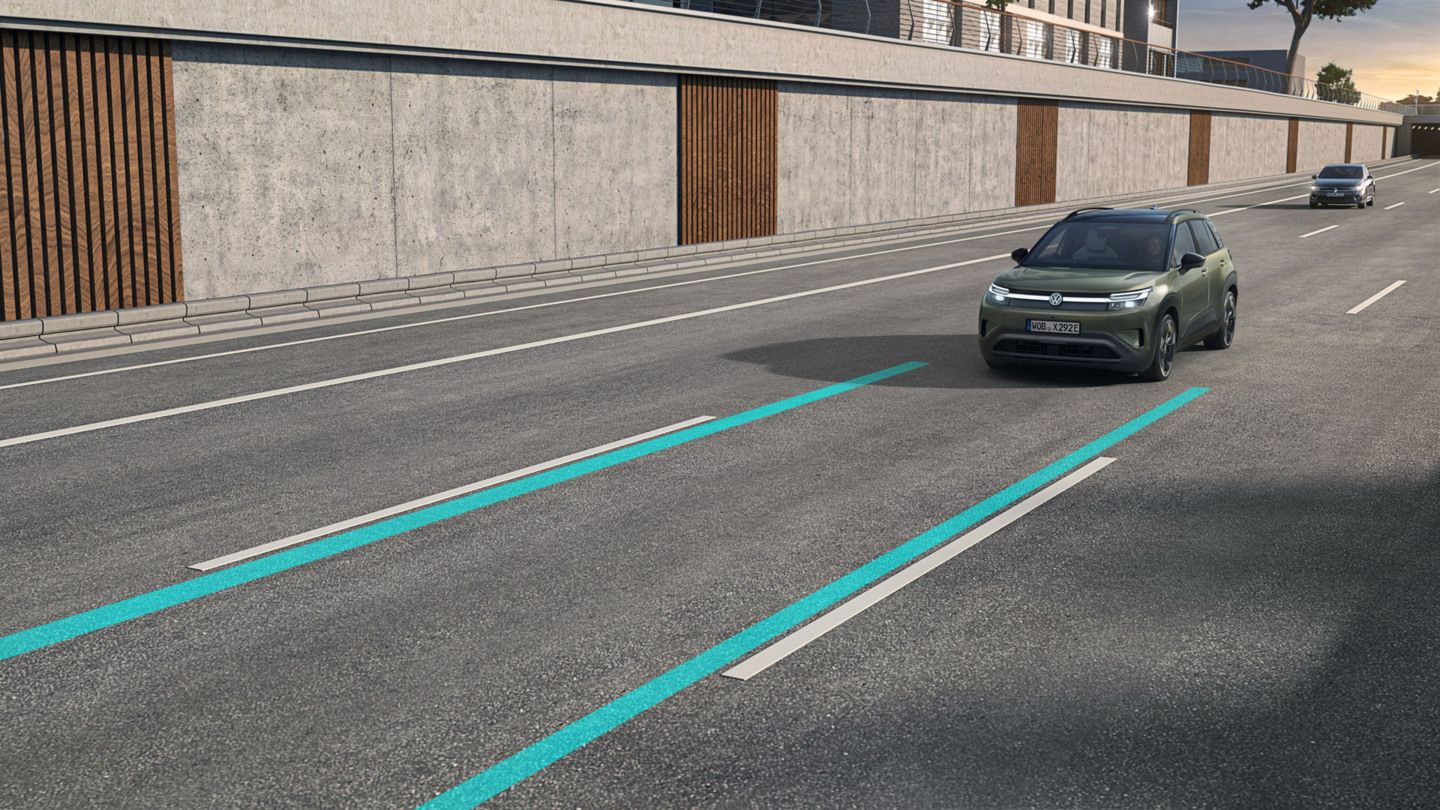 Illustration zeigt schematisch anhand eines grünen VW ID. Cross die Funktionsweis des Lane Assist