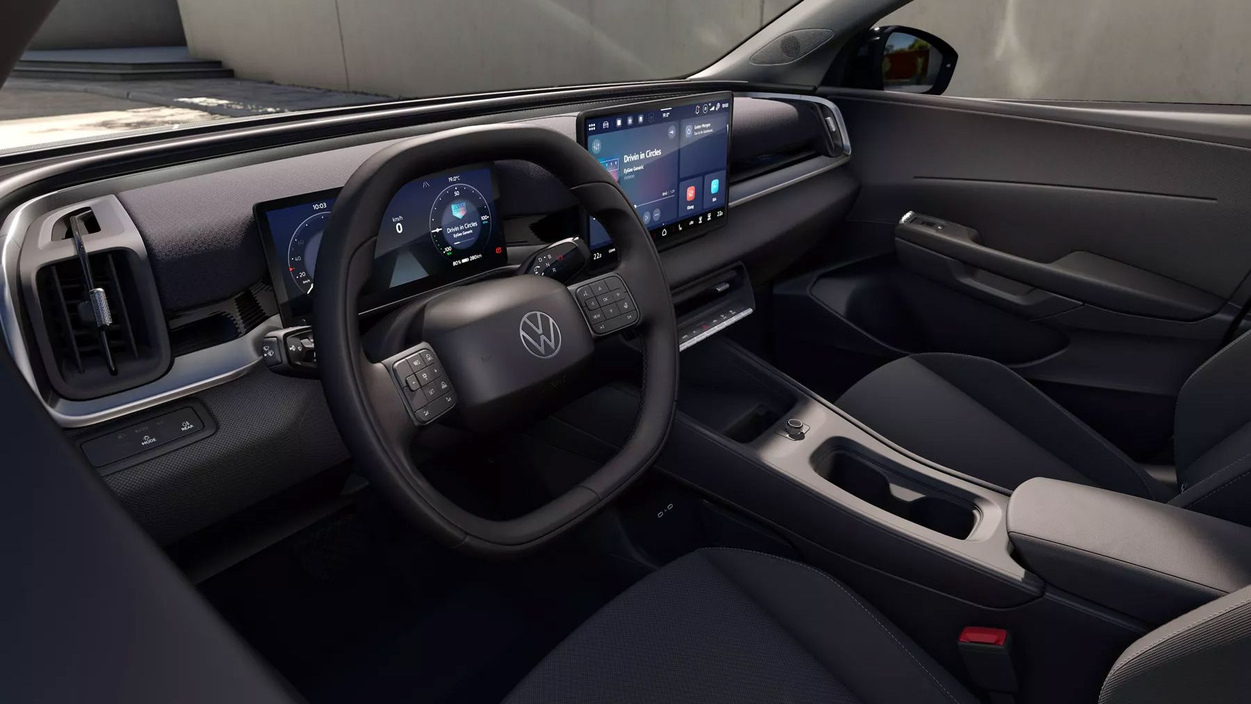 INa sliki je prikazana notranjost VW ID. Crossa Trend, posneta skozi okno na voznikovi strani.