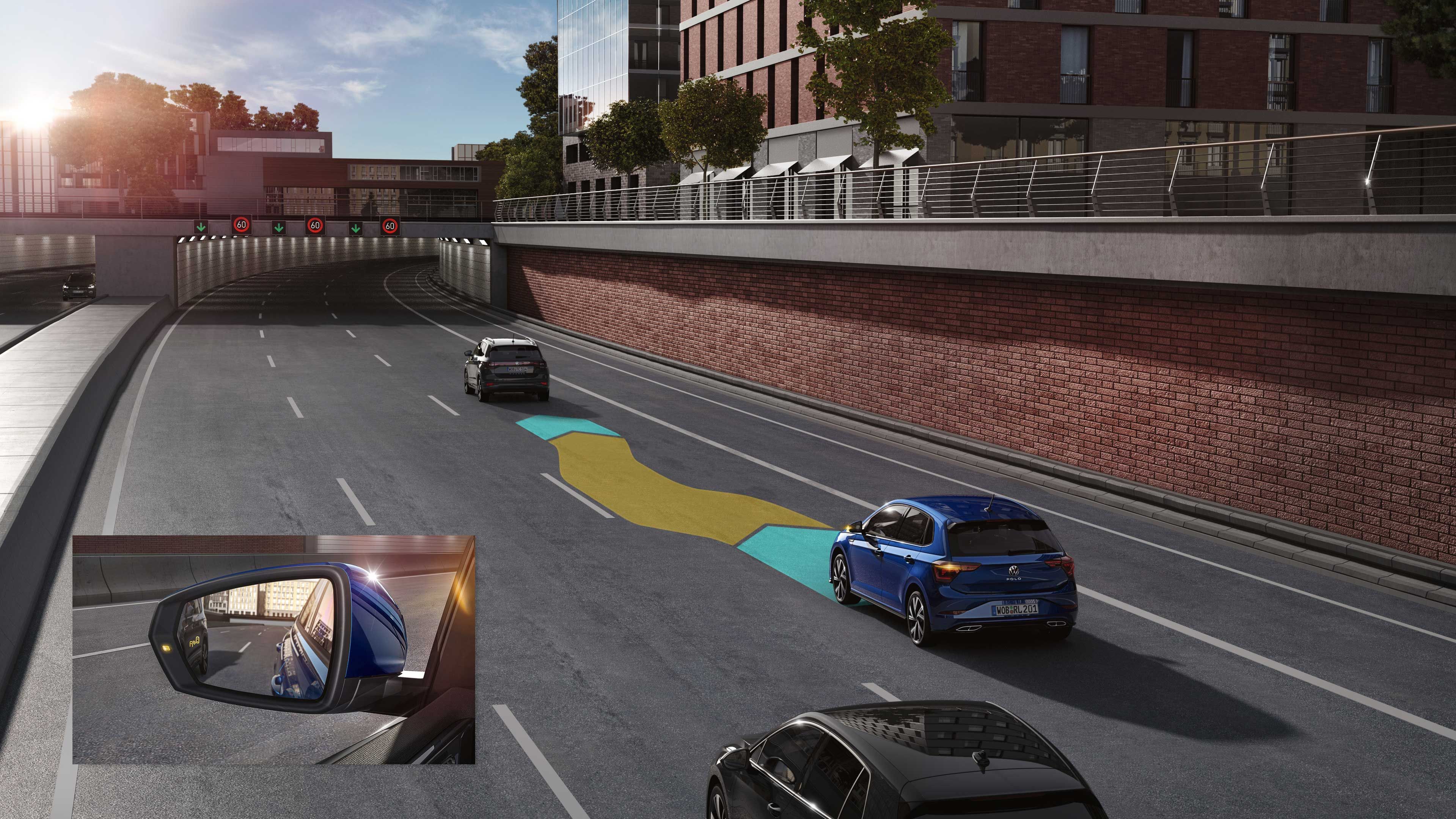 Grafik wie im VW Polo der Spurwechselassistent "Side Assist" funktioniert. 