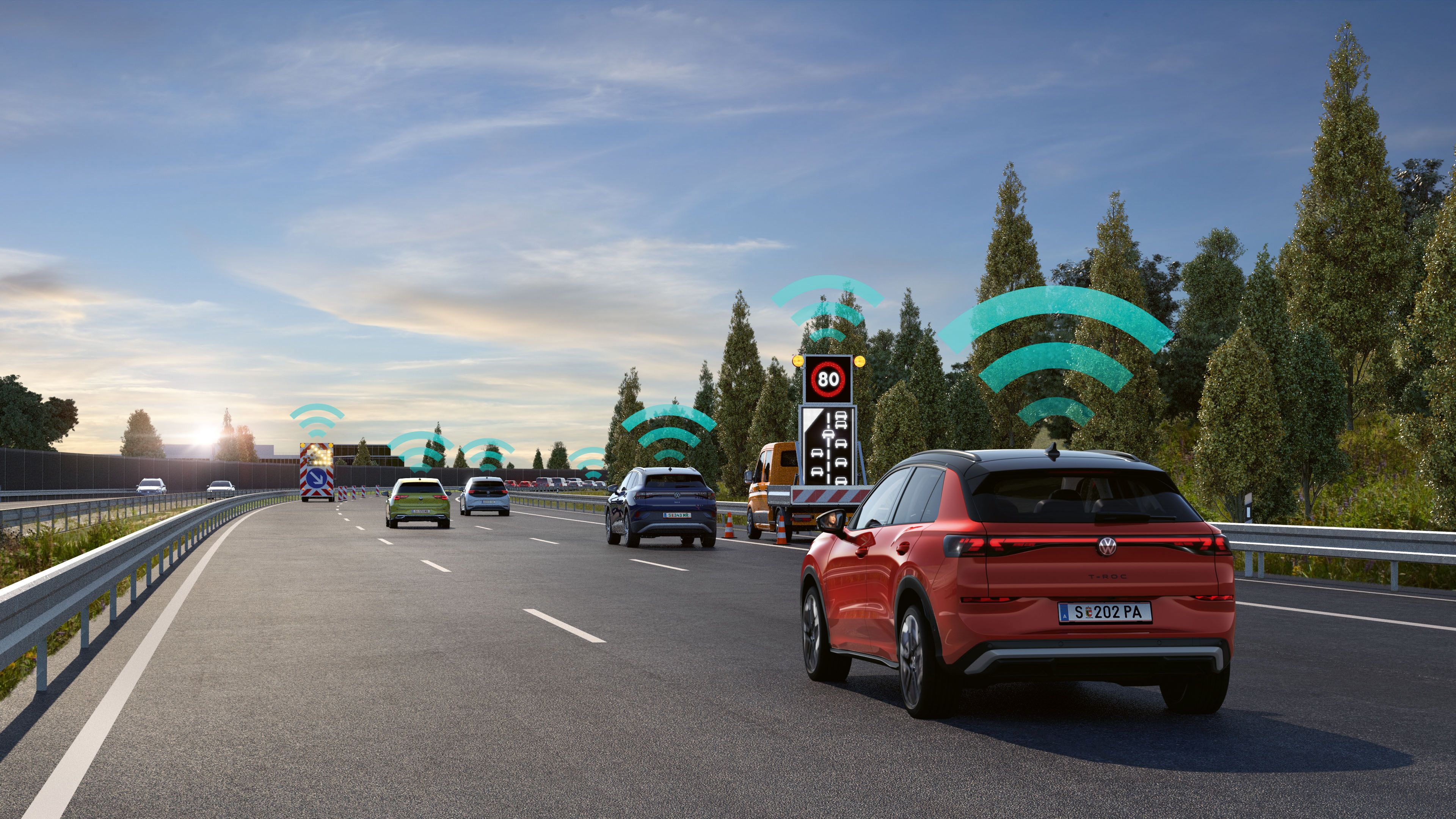Grafika simbolično prikazuje, kako več vozil vozi po avtocesti in komunicira prek sistema Car2X za opozarjanje na nevarnosti.