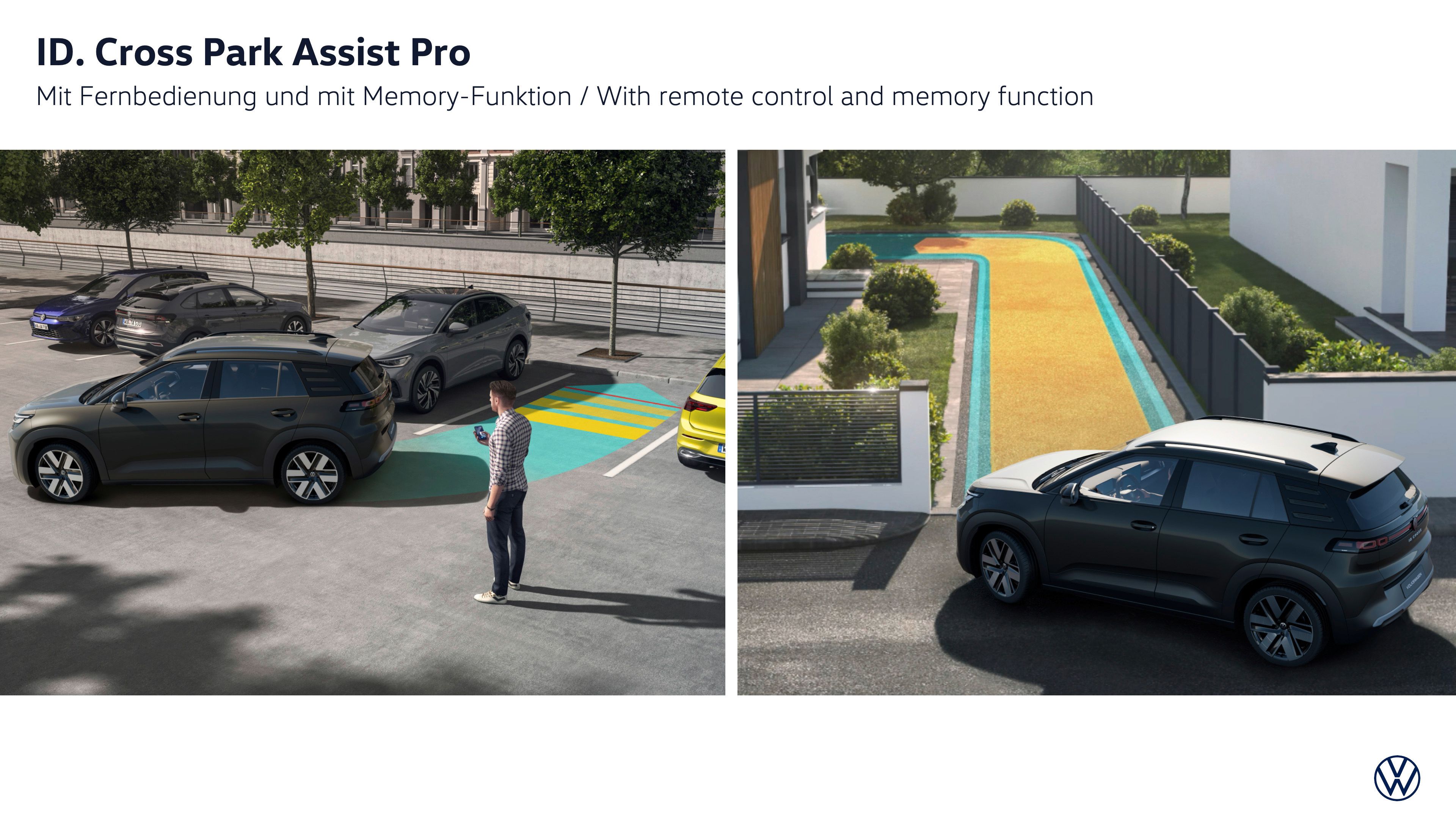 Prikaz sistema Park Assist Pro z daljinskim parkiranjem in funkcijo pomnjenja pri Volkswagen ID. Cross.