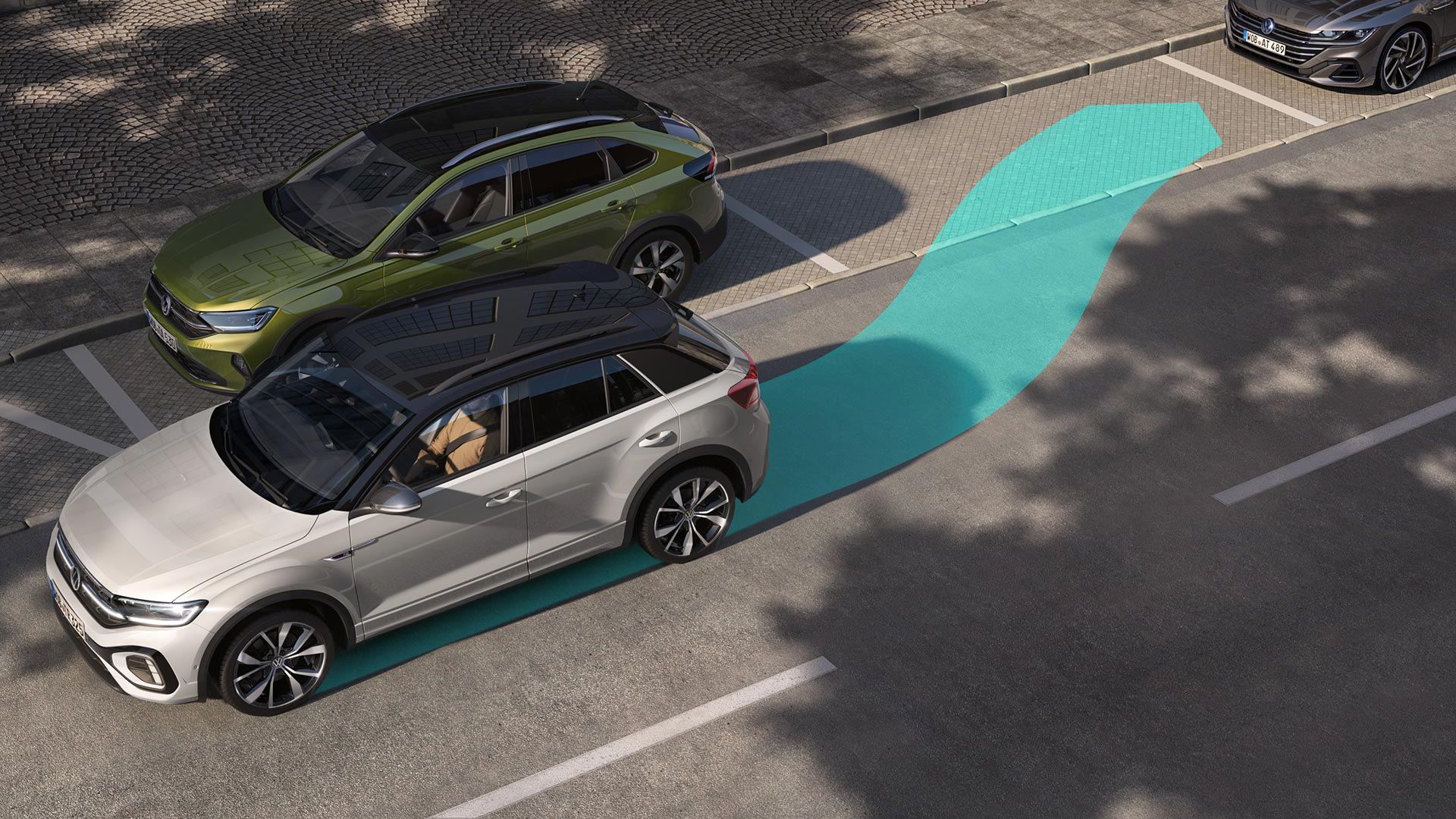 Slika ponazarja delovanje sistema Park Assist v T-Rocu.