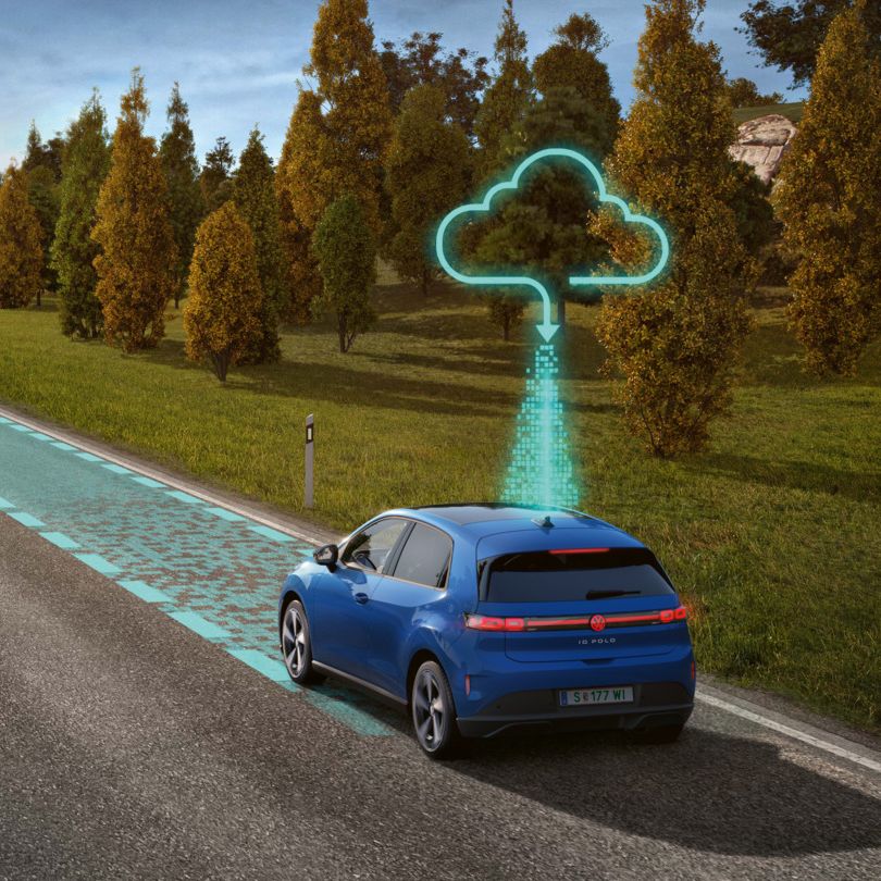 Shematska ilustracija prikazuje funkcionalnost Travel Assist z modrim VW ID. Polo