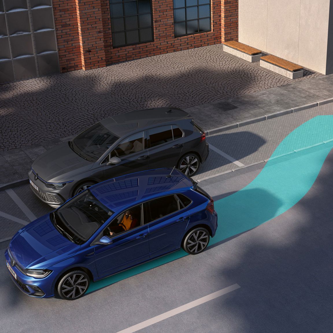 Grafik wie im VW Polo der Parklenkassistent "Park Assist" funktioniert. 