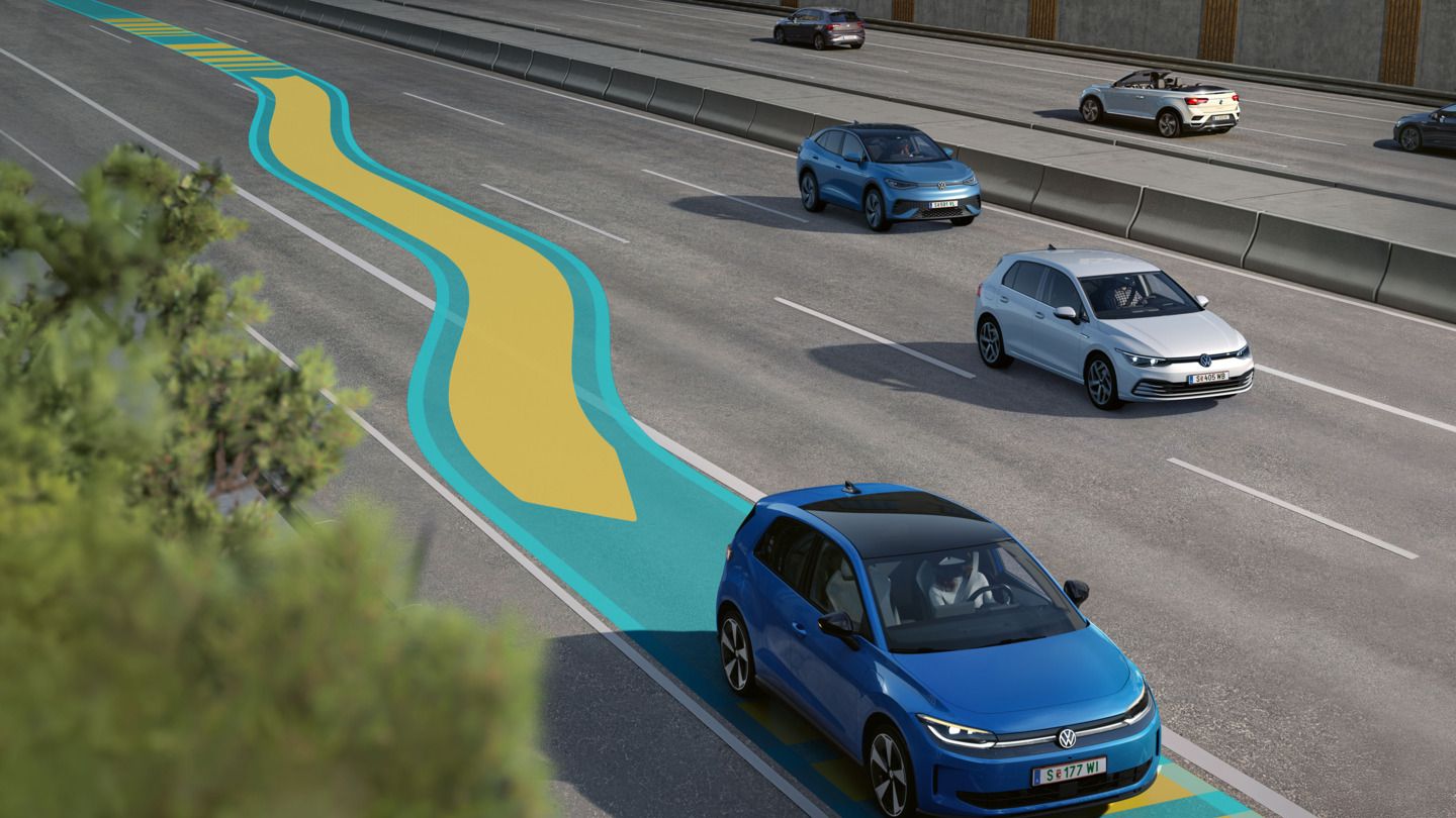 Shematsko prikazuje funkcionalnost Emergency Assist z modrim VW ID. Polo