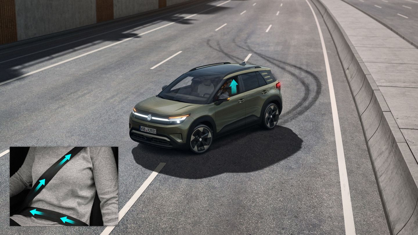 Illustration zeigt schematisch anhand eines VW ID. Cross die Funktionsweise des proaktiven Insassenschutzsystems.