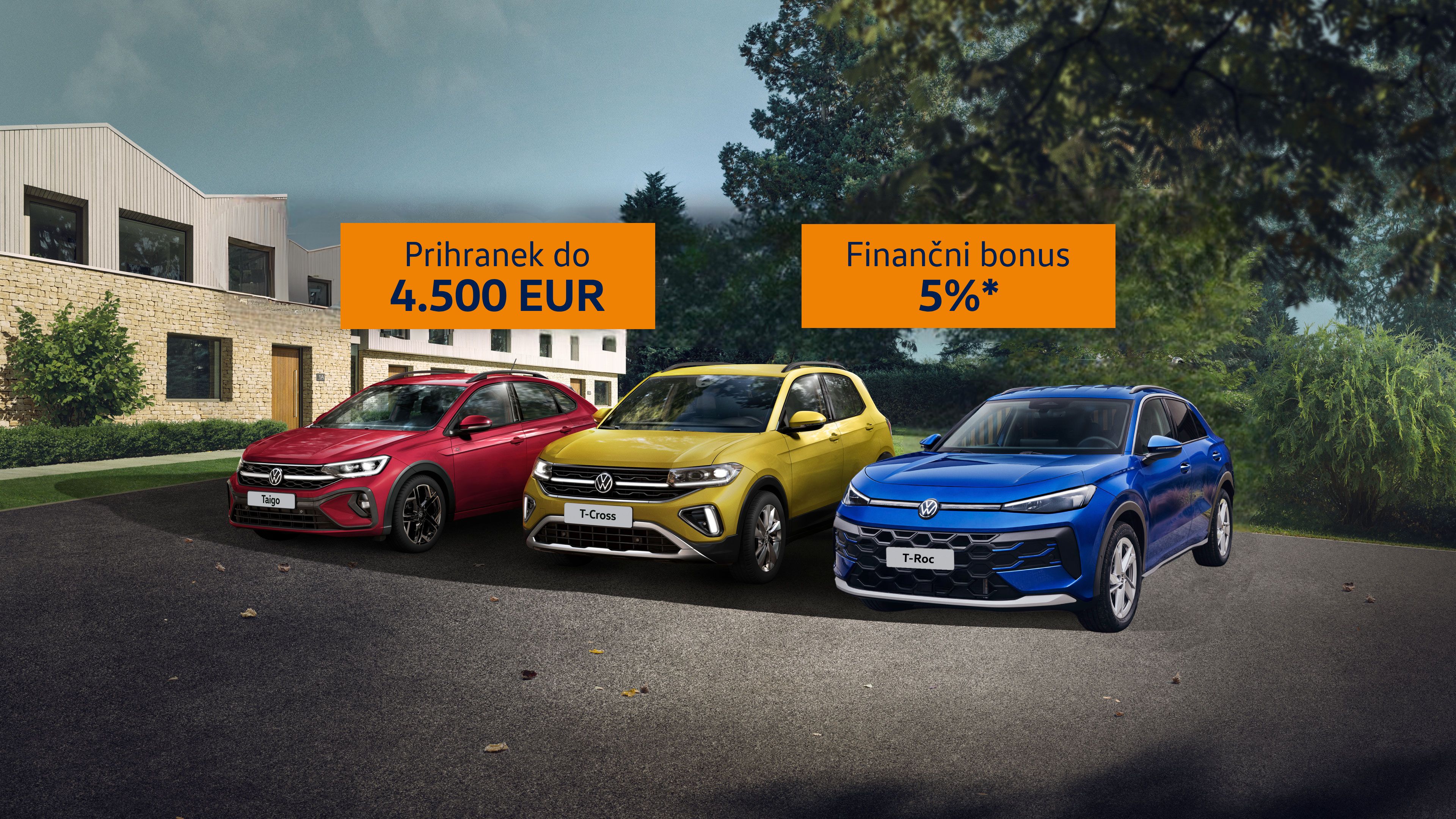 Promocijska slika s tremi Volkswagnovimi vozili (rdečim, rumenim in modrim) parkiranimi pred sodobno belo hišo v zelenem okolju. Nad avtomobili sta modra napisa: »Prihranek do 4.500 EUR« in »Finančni bonus 5%*«.
