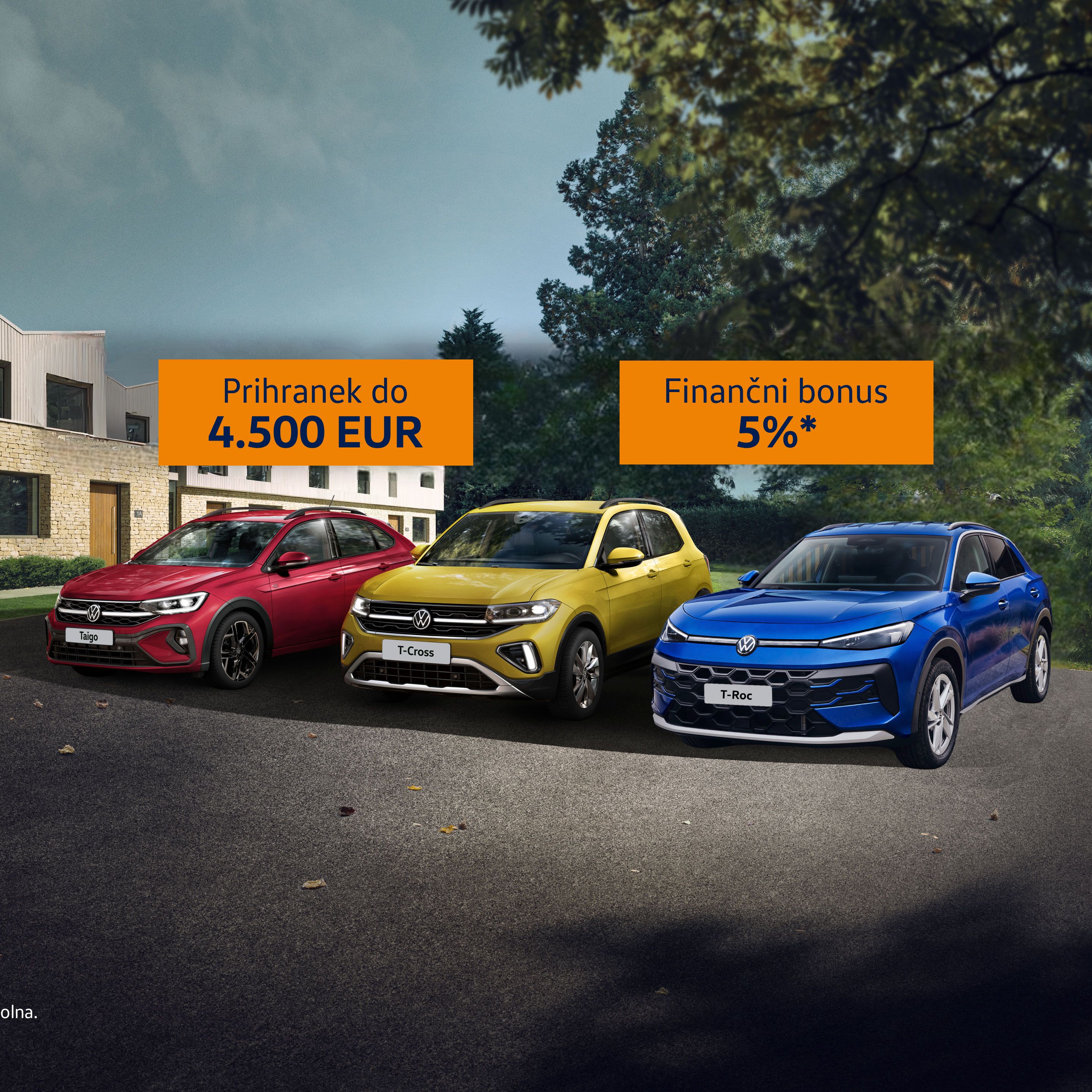 Promocijska slika s tremi Volkswagnovimi vozili (rdečim, rumenim in modrim) parkiranimi pred sodobno belo hišo v zelenem okolju. Nad avtomobili sta modra napisa: »Prihranek do 4.500 EUR« in »Finančni bonus 5%*«.