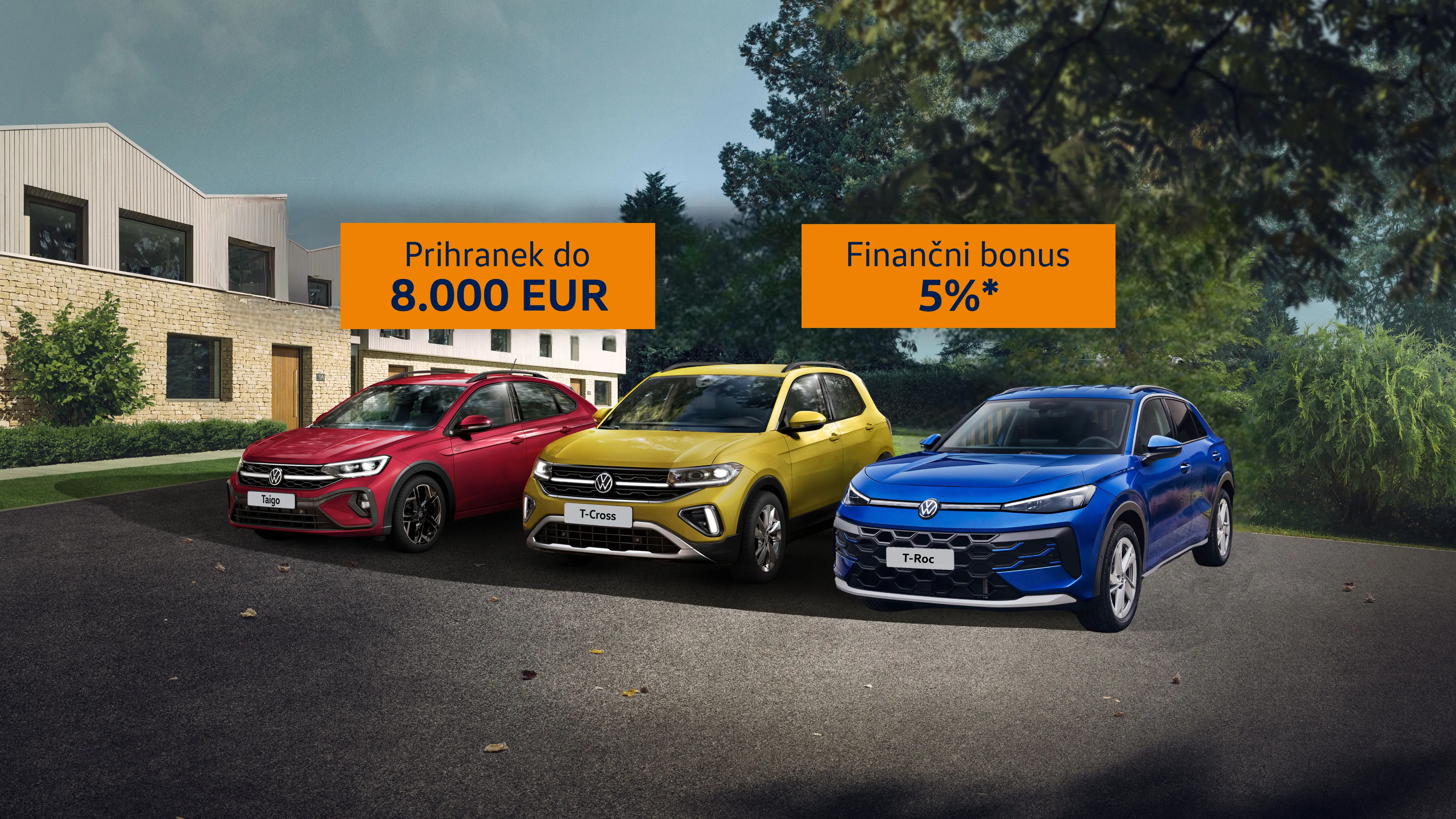 Promocijska slika s tremi Volkswagnovimi vozili (rdečim, rumenim in modrim) parkiranimi pred sodobno belo hišo v zelenem okolju. Nad avtomobili sta modra napisa: »Prihranek do 8.000 EUR« in »Finančni bonus 5%*«.