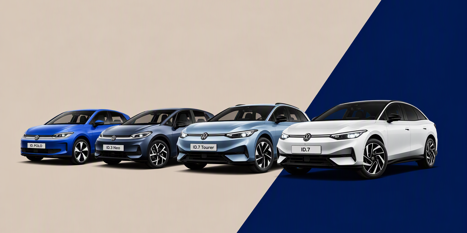 Štiri električni modeli Volkswagen ID. v različnih odtenkih modre, srebrne in bele stojijo v vrsti na dvobarvnem ozadju v bež in temno modri barvi. Vozila imajo aerodinamično obliko, tanke žaromete in značilne sprednje maske. 
