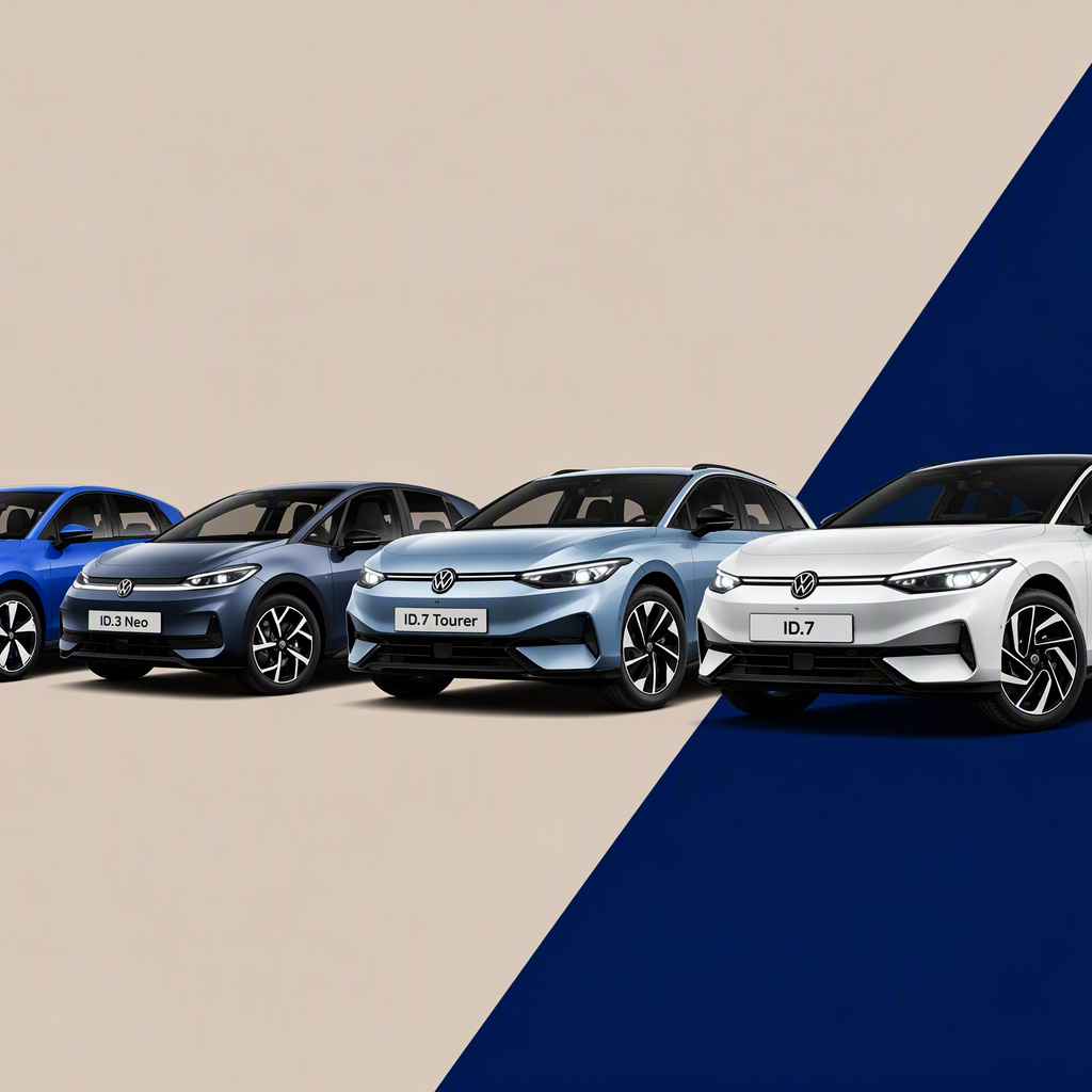 Štiri električni modeli Volkswagen ID. v različnih odtenkih modre, srebrne in bele stojijo v vrsti na dvobarvnem ozadju v bež in temno modri barvi. Vozila imajo aerodinamično obliko, tanke žaromete in značilne sprednje maske. 