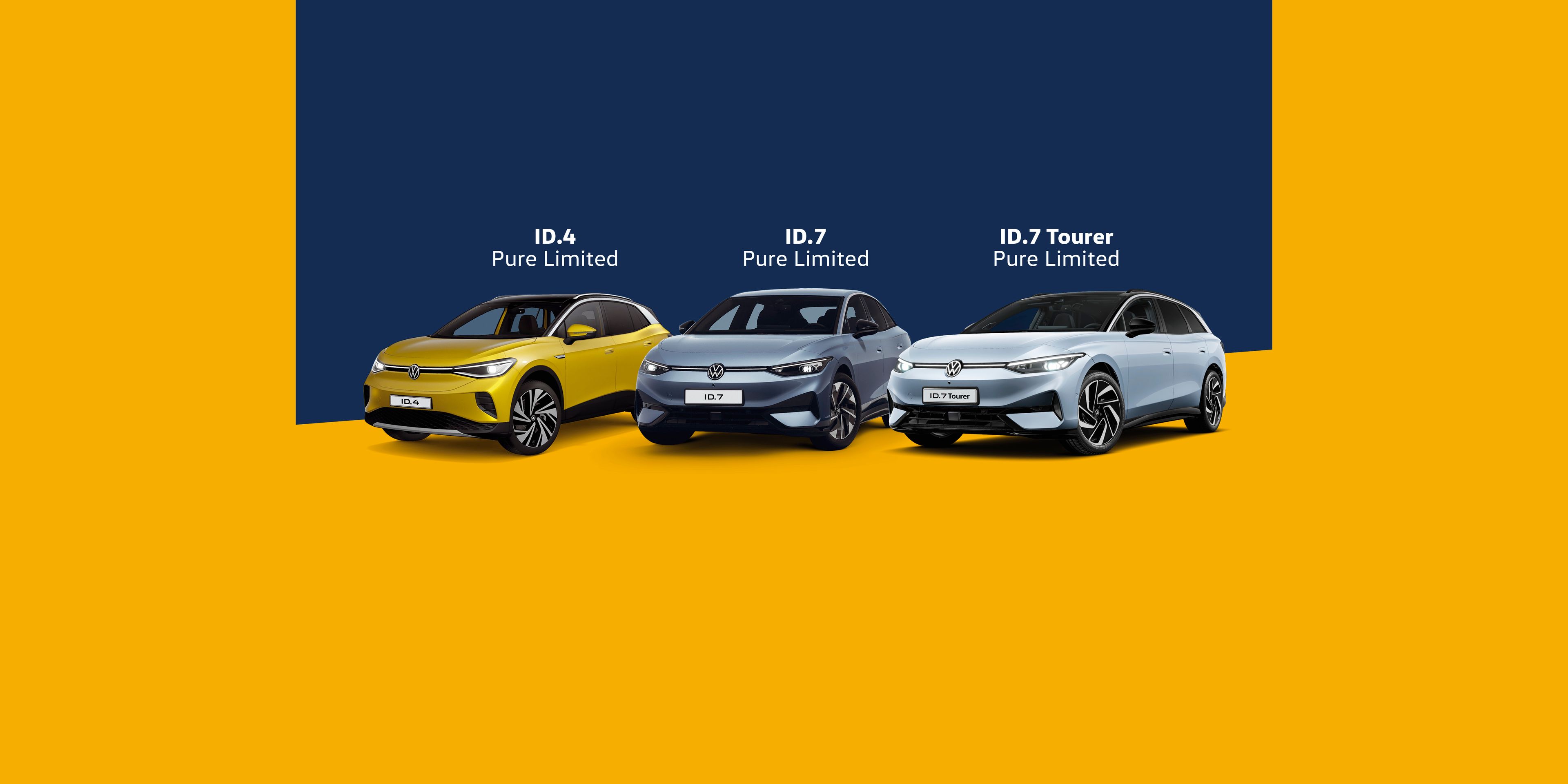 Na sliki so trije avtomobili, razvrščeni od leve proti desni: ID.3 Pure Limited, ID.4 Pure Limited, ID.7 Pro Limited in ID.7 Tourer Pro Limited. Avtomobili so postavljeni na modro-rumenem ozadju.