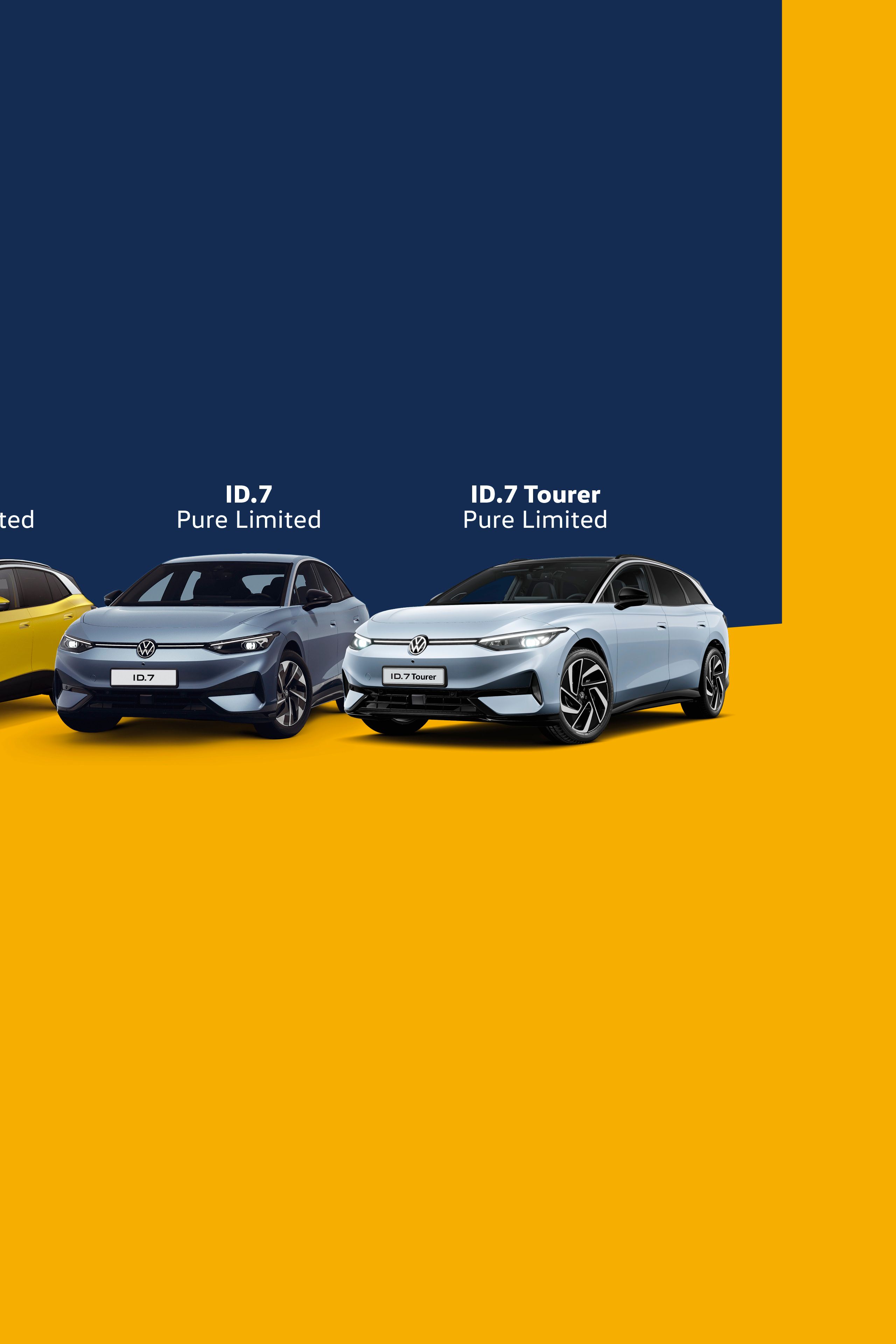 Na sliki so trije avtomobili, razvrščeni od leve proti desni: ID.3 Pure Limited, ID.4 Pure Limited, ID.7 Pro Limited in ID.7 Tourer Pro Limited. Avtomobili so postavljeni na modro-rumenem ozadju.