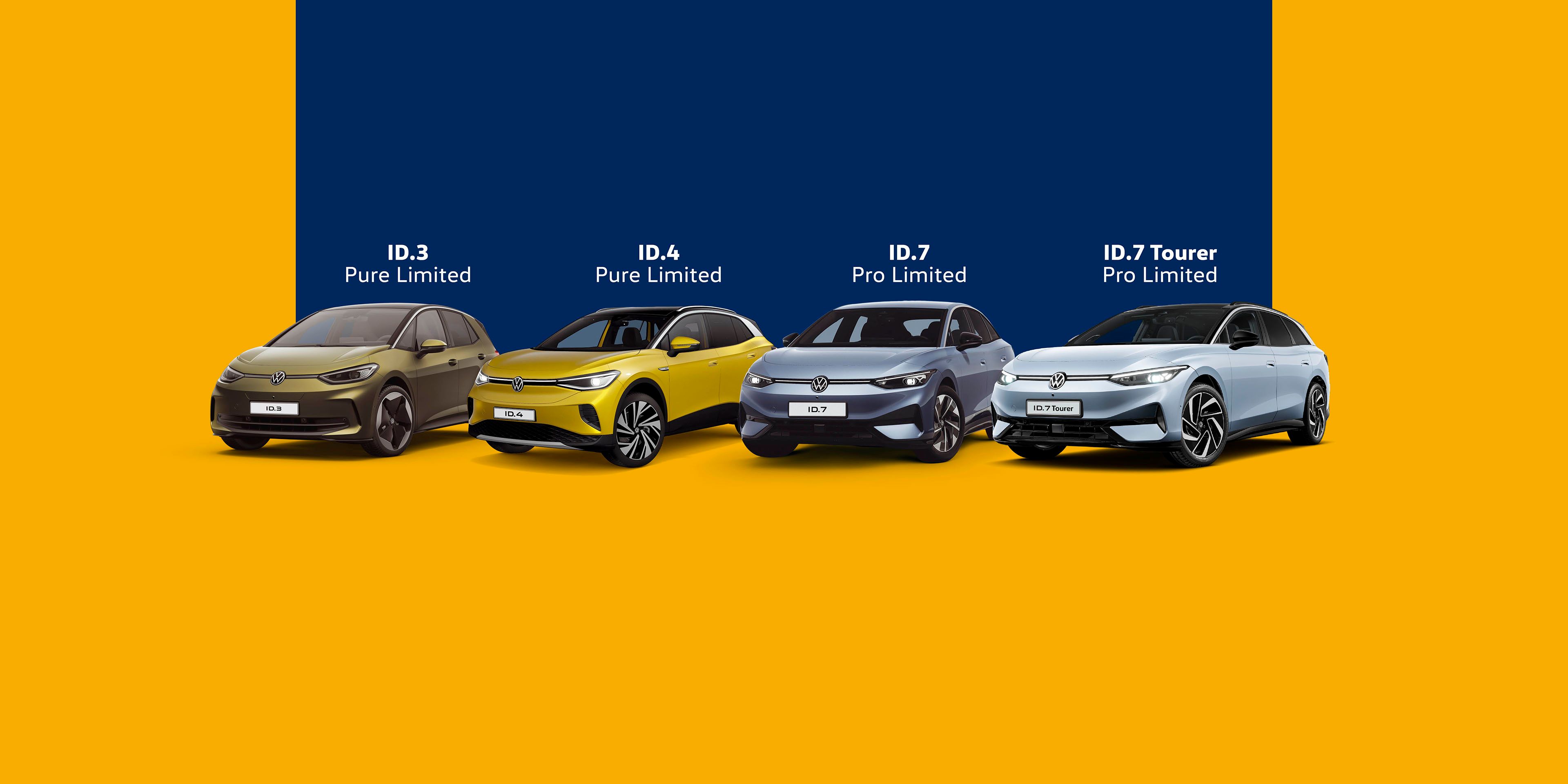 Na sliki so štirje avtomobili, razvrščeni od leve proti desni: ID.3 Pure Limited, ID.4 Pure Limited, ID.7 Pro Limited in ID.7 Tourer Pro Limited. Avtomobili so postavljeni na modro-rumenem ozadju.