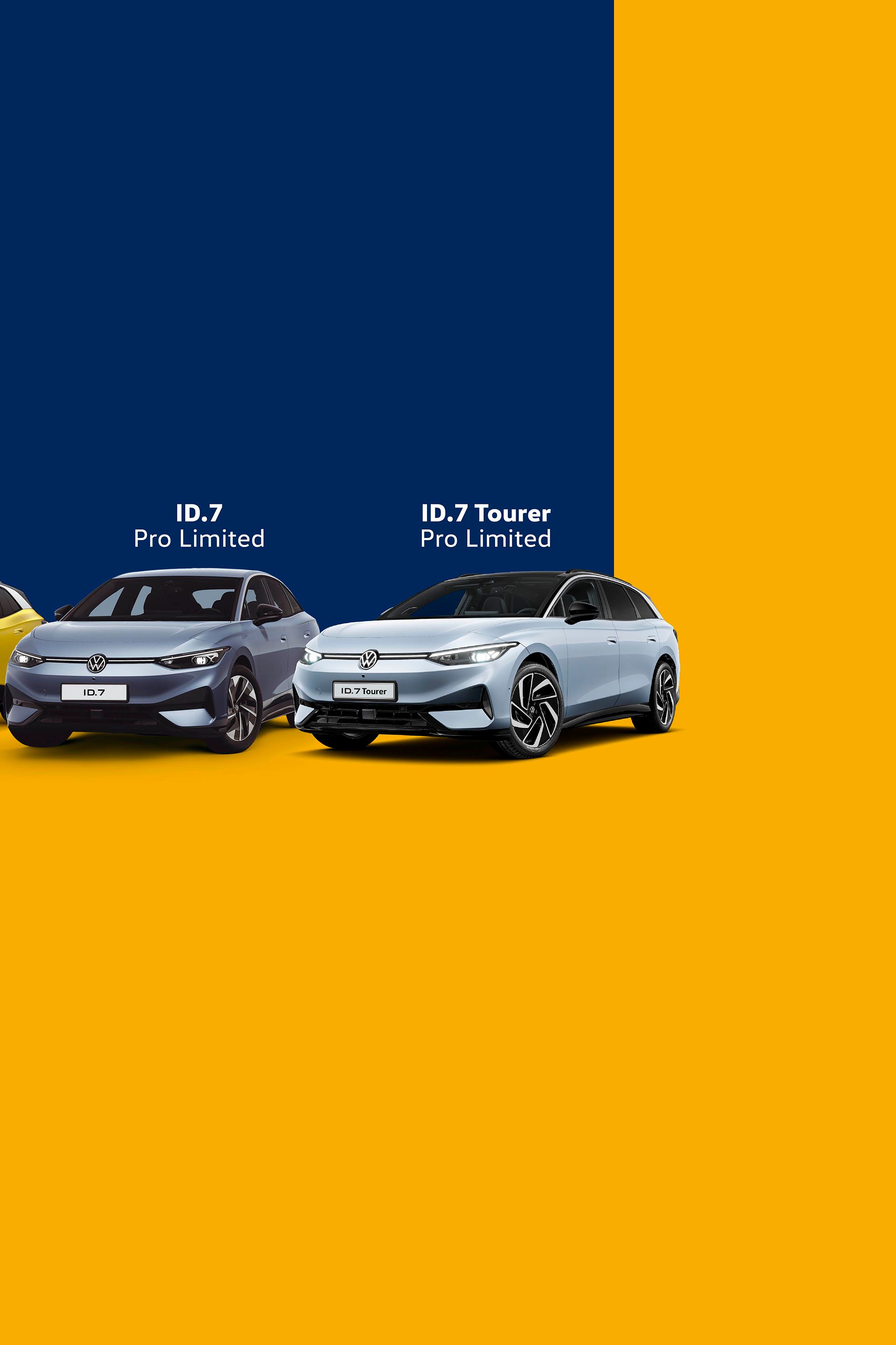 Na sliki so štirje avtomobili, razvrščeni od leve proti desni: ID.3 Pure Limited, ID.4 Pure Limited, ID.7 Pro Limited in ID.7 Tourer Pro Limited. Avtomobili so postavljeni na modro-rumenem ozadju.