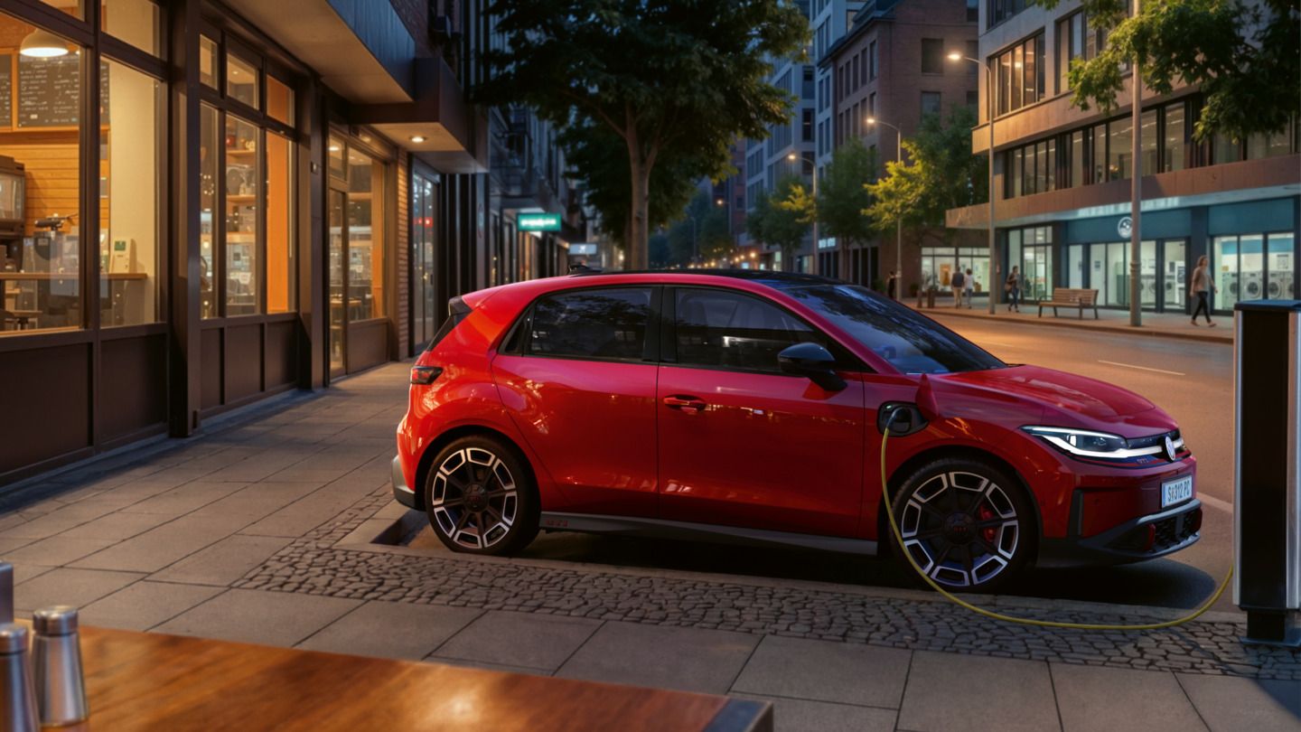 Rdeč VW ID. Polo GTI je parkiran na polnilni postaji za klimatsko napravo v poslovnem okrožju zvečer.