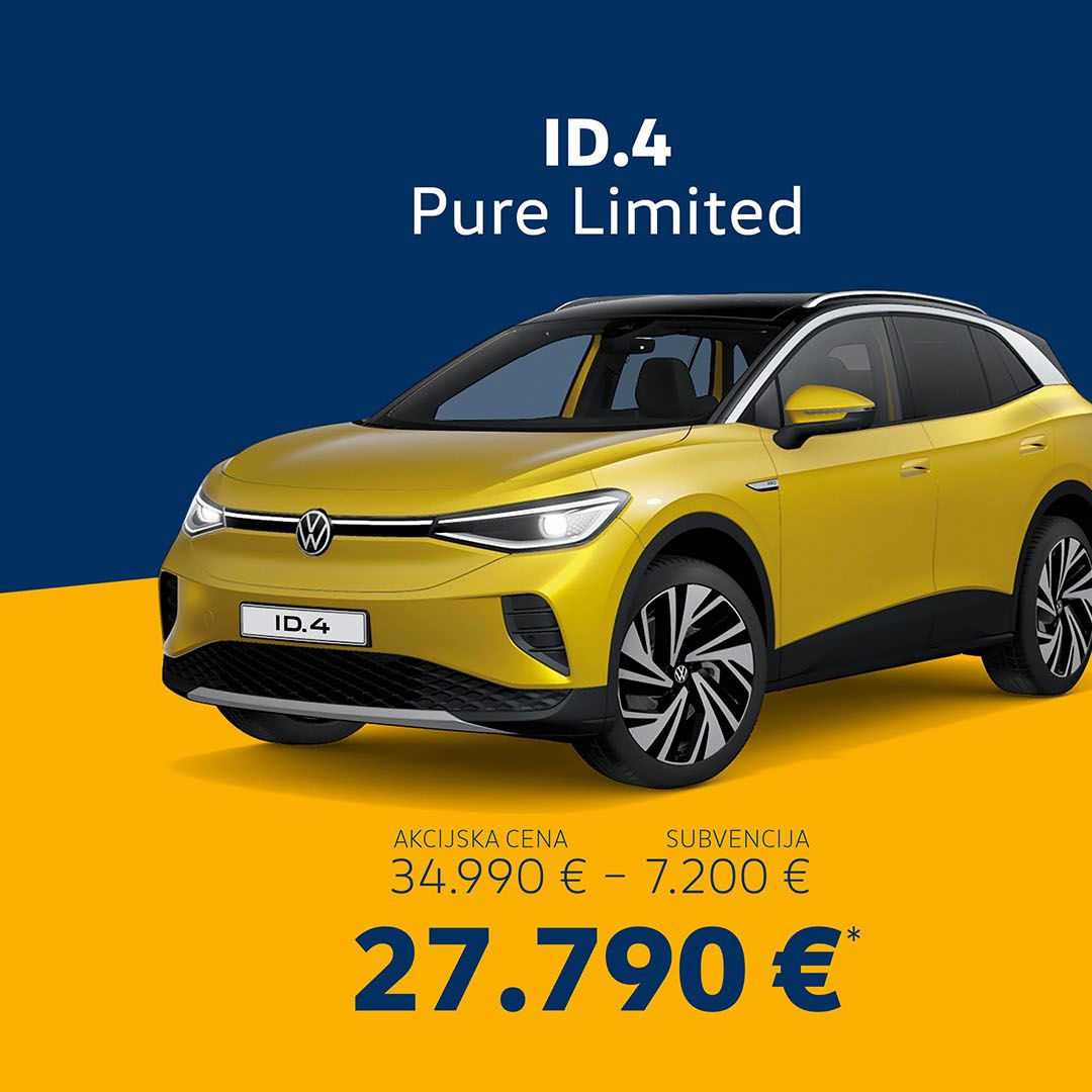 Slika prikazuje rumen Volkswagen ID.4 Pure Limited na modro rumenem ozadju. Spodaj so navedene cene: 34.990 € (redna cena), -7.200 € (subvencija), končna cena 27.790 €.