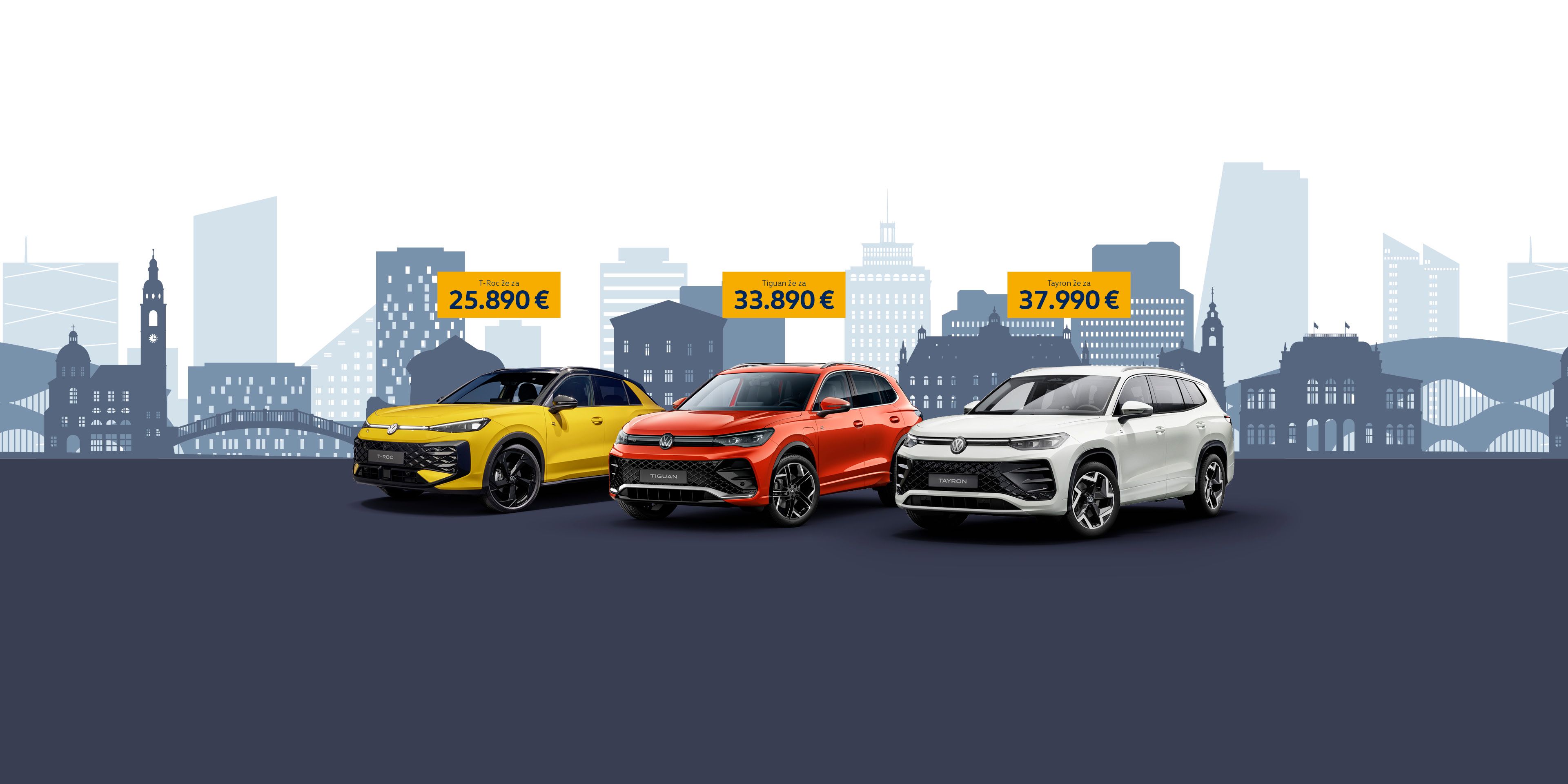 Oglas prikazuje Volkswagen T-Roc, Tiguan in Tayron, postavljeni v vrsto na temnem ozadju. Nad avtomobili je napis: »Prava izbira ima svoje ime.« Zgradbe v ozadju so stilizirane v modrih odtenkih in poudarjajo urbano okolje.