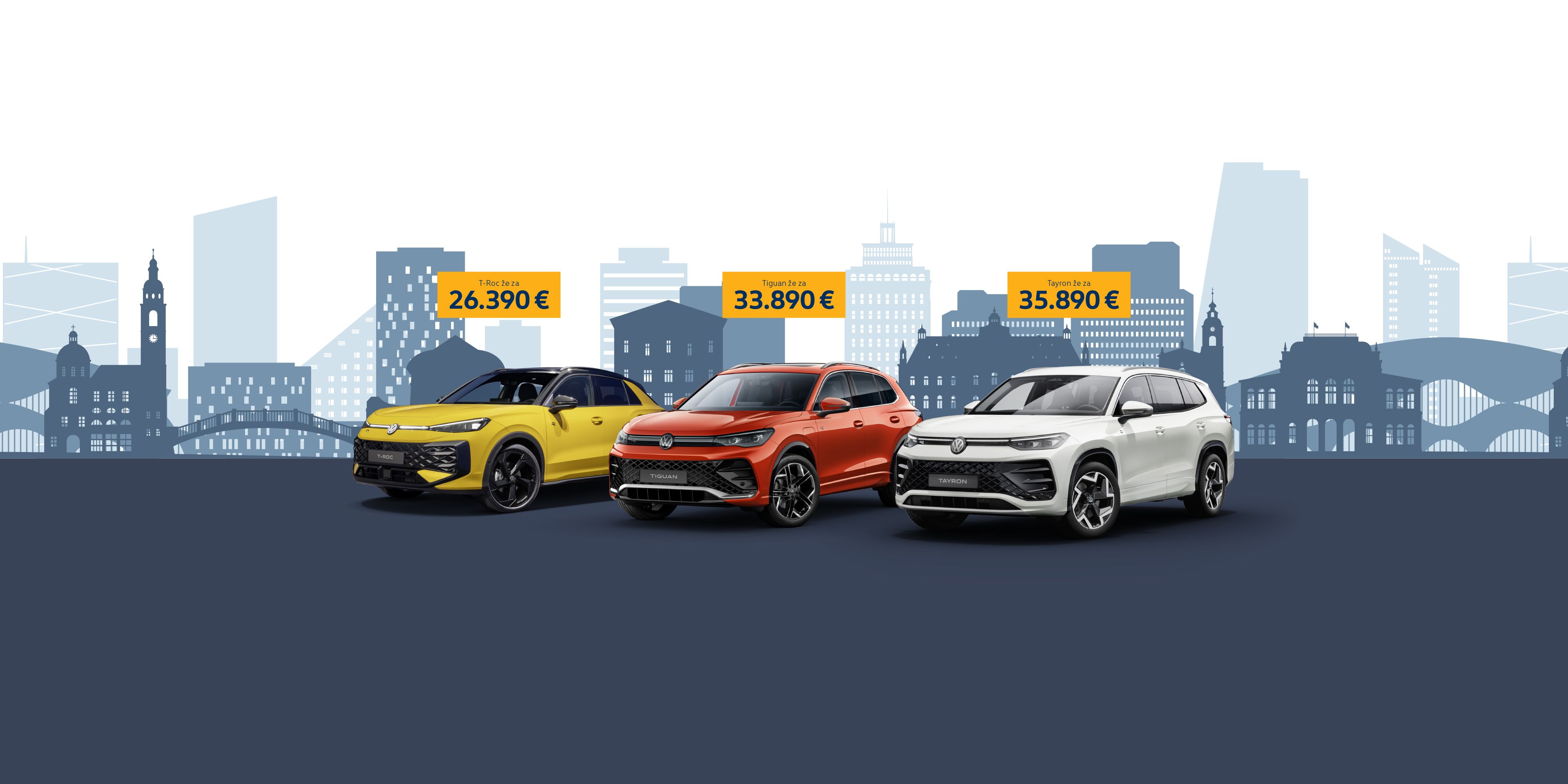 Oglas prikazuje Volkswagen T-Roc, Tiguan in Tayron, postavljeni v vrsto na temnem ozadju. Nad avtomobili je napis: »Prava izbira ima svoje ime.« Zgradbe v ozadju so stilizirane v modrih odtenkih in poudarjajo urbano okolje.