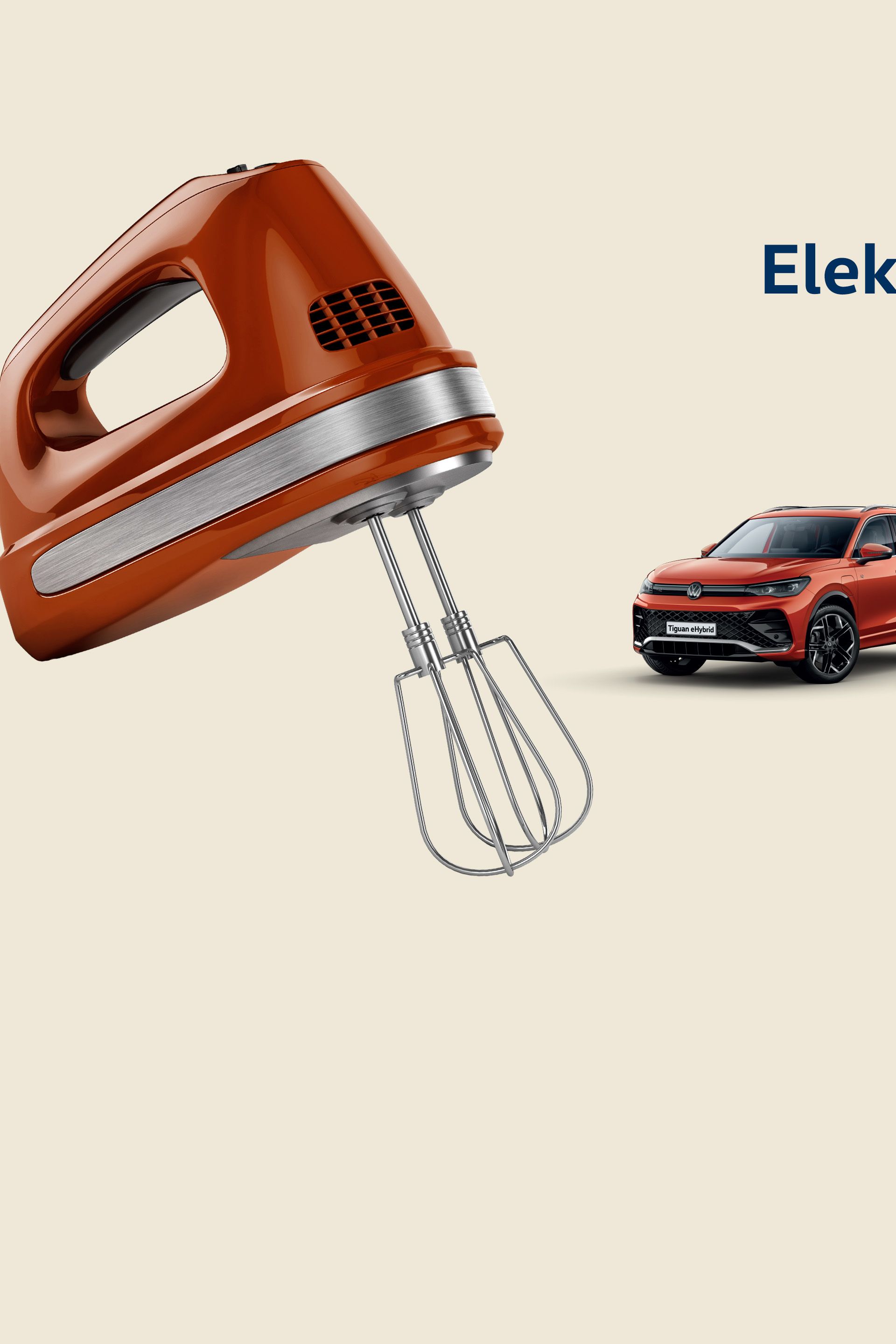 Na levi strani je prikazan ročni mešalnik. Na desni strani so prikazani tri priključne hibride Volkswagen. Nad njimi je napis: "Električni ali klasični? Izberite oboje."