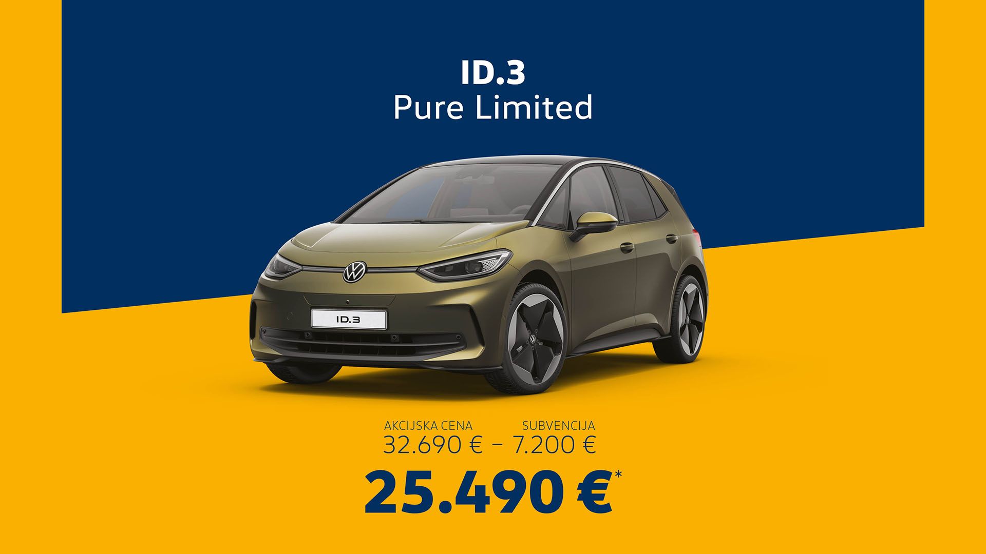 Promocijska slika Volkswagen ID.3., postavljen na rumeno-modrem ozadju. Cena po subvenciji je znižana na 25.490 €.