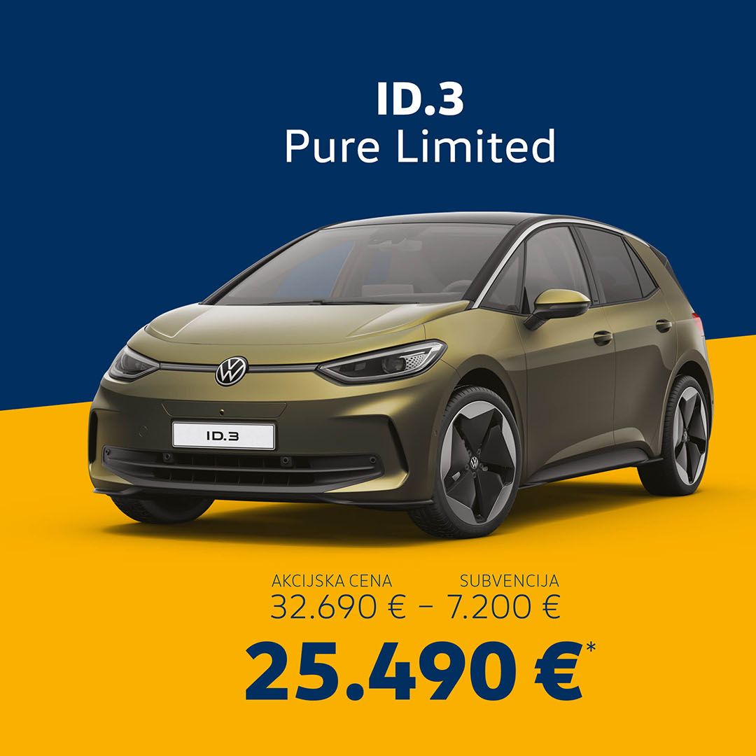 Promocijska slika Volkswagen ID.3., postavljen na rumeno-modrem ozadju. Cena po subvenciji je znižana na 25.490 €.