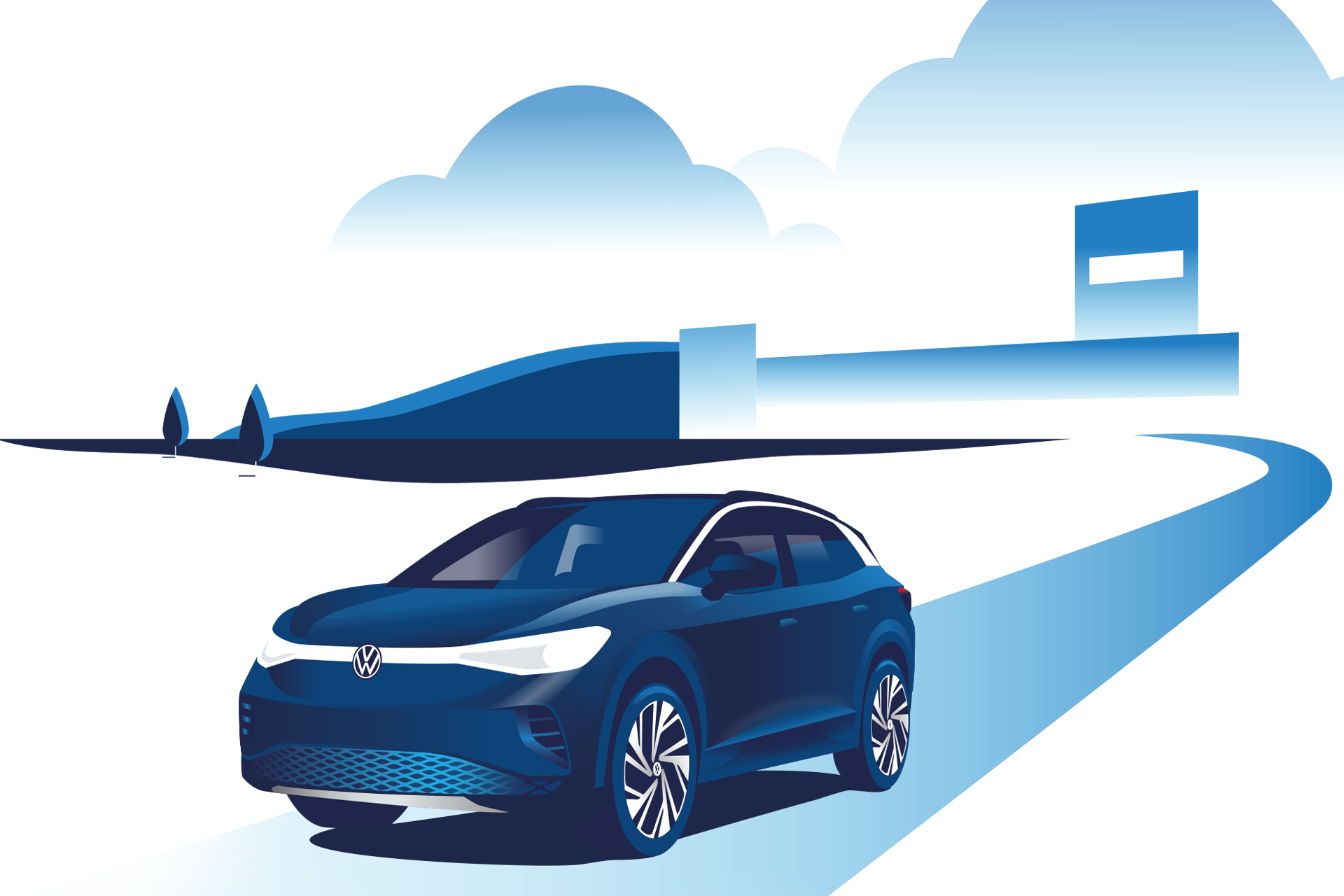 Eine Illustration des VW ID.3 mit einer Steckdose daneben und Solarplatten im Hintergrund