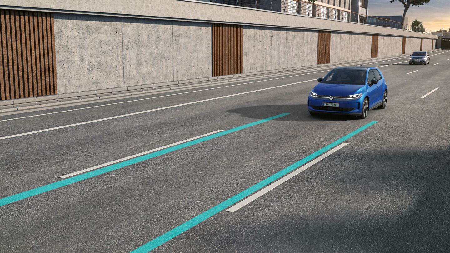Shematsko prikazuje funkcionalnost Lane Assist z modrim VW ID. Polo