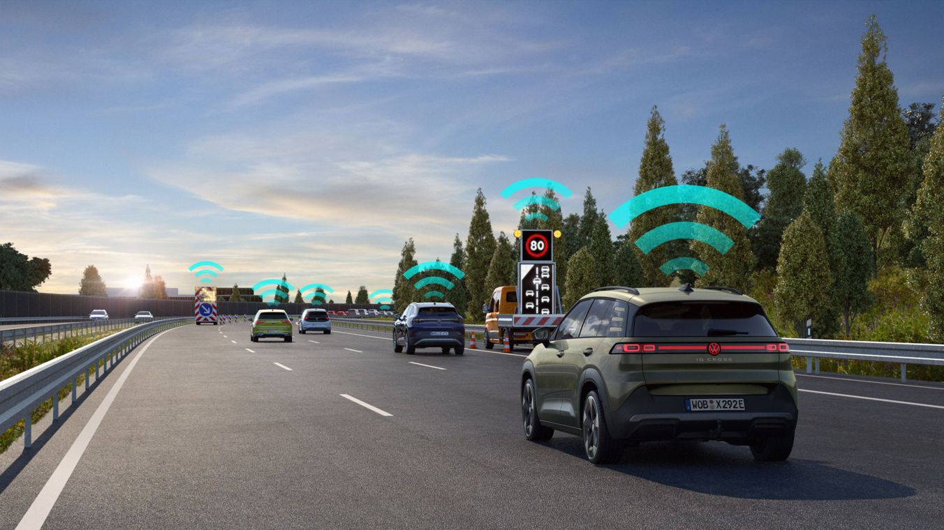 Illustration zeigt symbolisch wie mehrere Fahrzeuge über die Gefahrenerkennung Car2X kommunizieren.