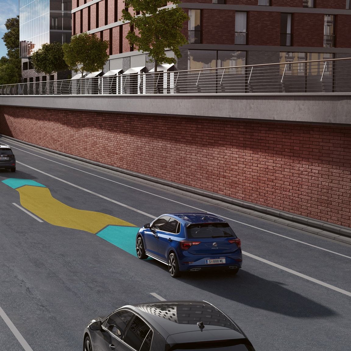 Ponazoritev delovanja asistence za menjavo voznega pasu Side Assist v modelu VW Polo. 
