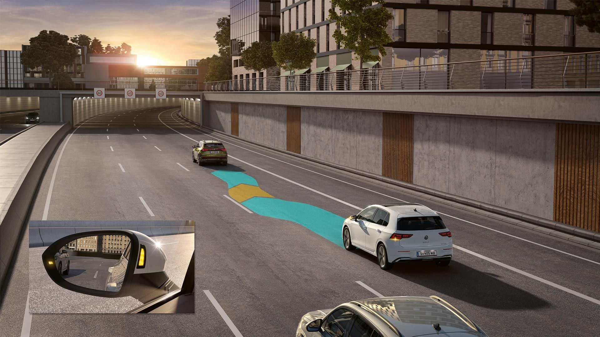 Bel VW Golf med vožnjo uporablja asistenco Side Assist, katere delovanje je barvno ponazorjeno na cestišču.