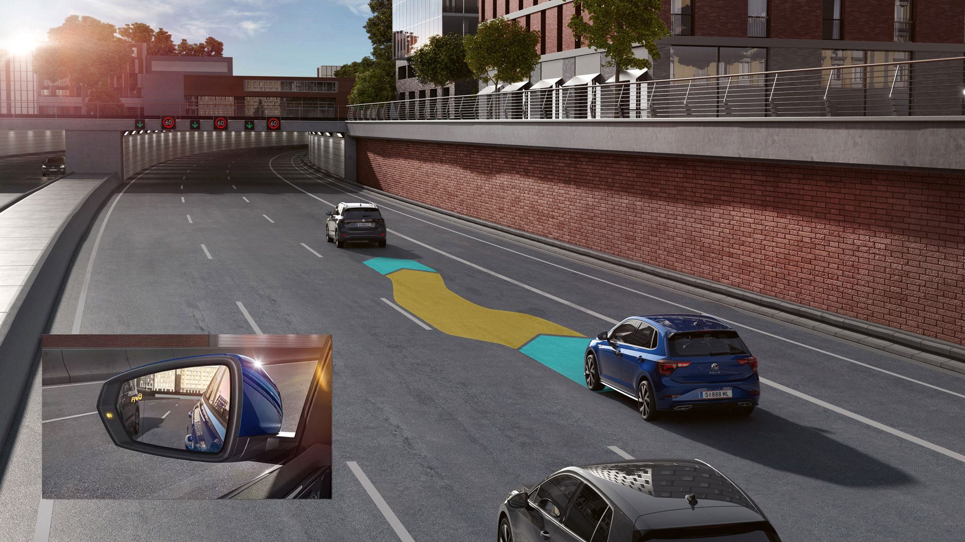Ein blauer VW Polo fährt mit dem Assistenzsystem Side Assist