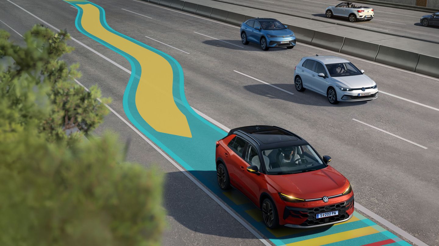 Ilustracija na primeru modela VW T-Roc shematsko prikazuje način delovanja sistema Travel Assist.