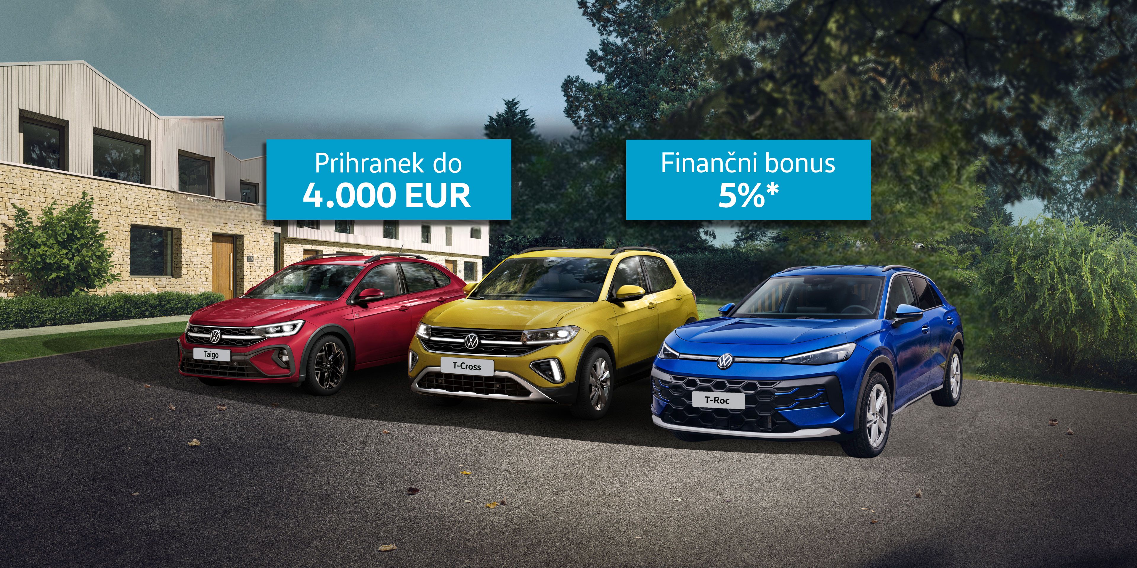 Promocijska slika s tremi Volkswagnovimi vozili (rdečim, rumenim in modrim) parkiranimi pred sodobno belo hišo v zelenem okolju. Nad avtomobili sta modra napisa: »Prihranek do 4.000 EUR« in »Finančni bonus 5%*«.