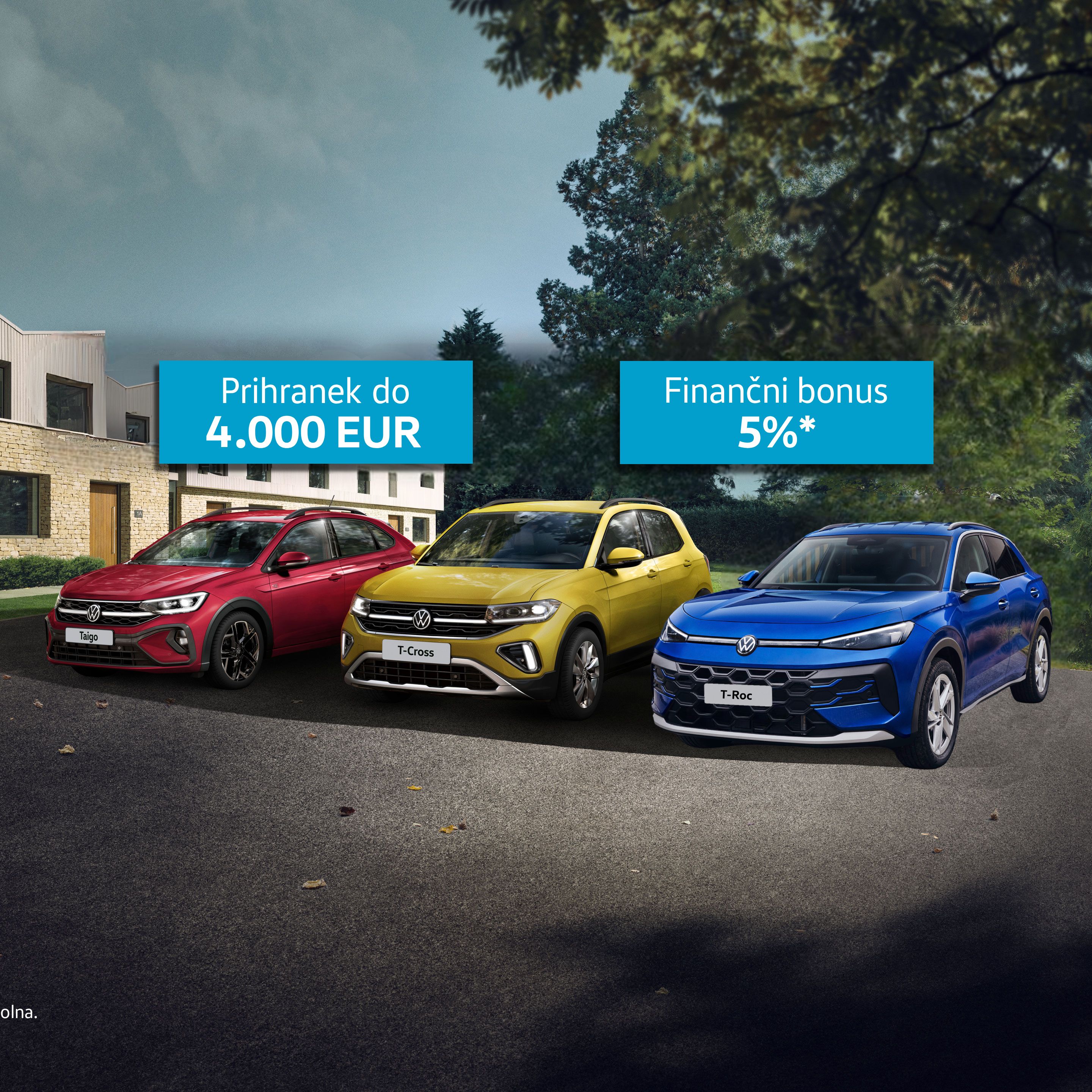 Promocijska slika s tremi Volkswagnovimi vozili (rdečim, rumenim in modrim) parkiranimi pred sodobno belo hišo v zelenem okolju. Nad avtomobili sta modra napisa: »Prihranek do 4.000 EUR« in »Finančni bonus 5%*«.