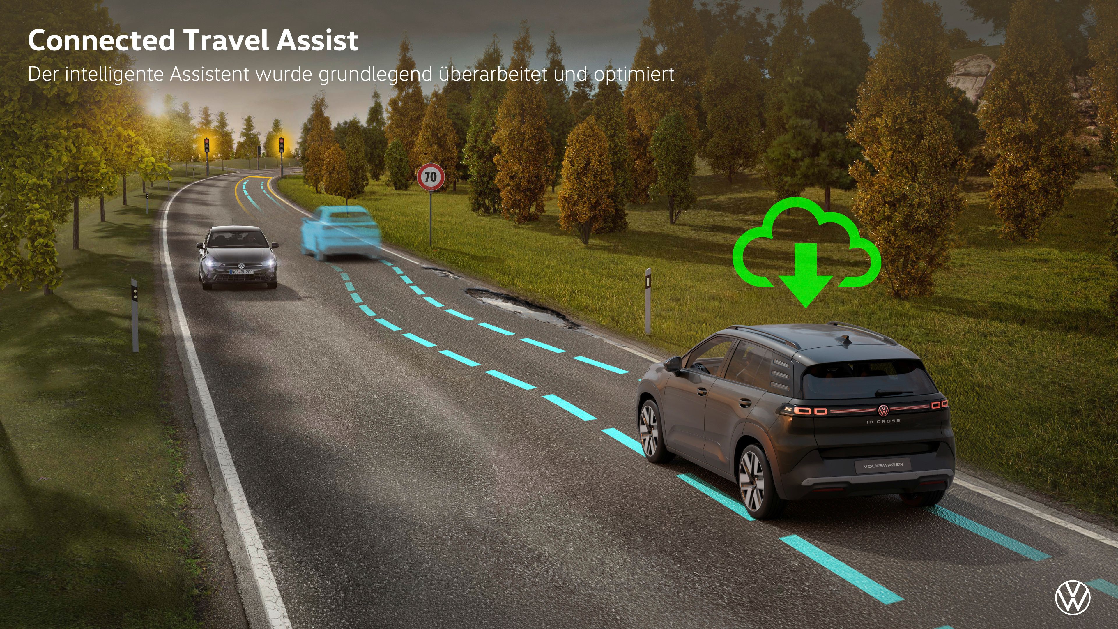 Prikaz sistema Connected Travel Assist, ki pomaga pri ohranjanju voznega pasu in prilagajanju hitrosti v Volkswagen ID. Cross.