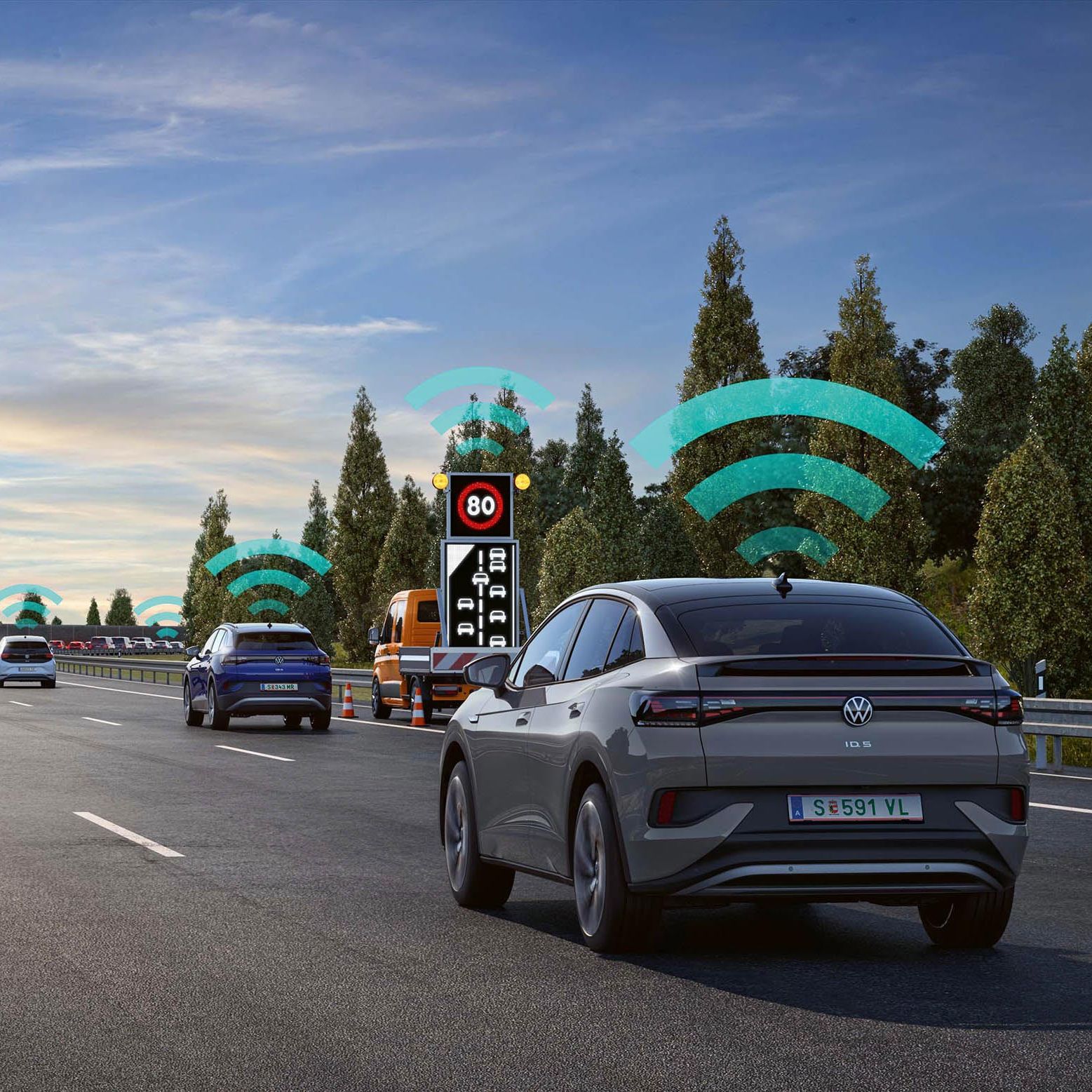 Grafika prikazuje, kako deluje opozarjanje na nevarnosti Car2X.