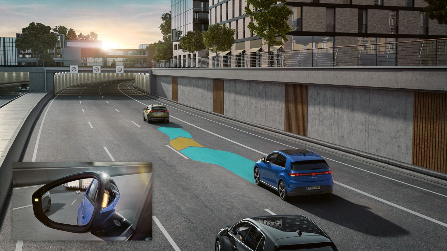 Ilustracija shematsko prikazuje, kako Side Assist deluje z uporabo VW ID.Polo