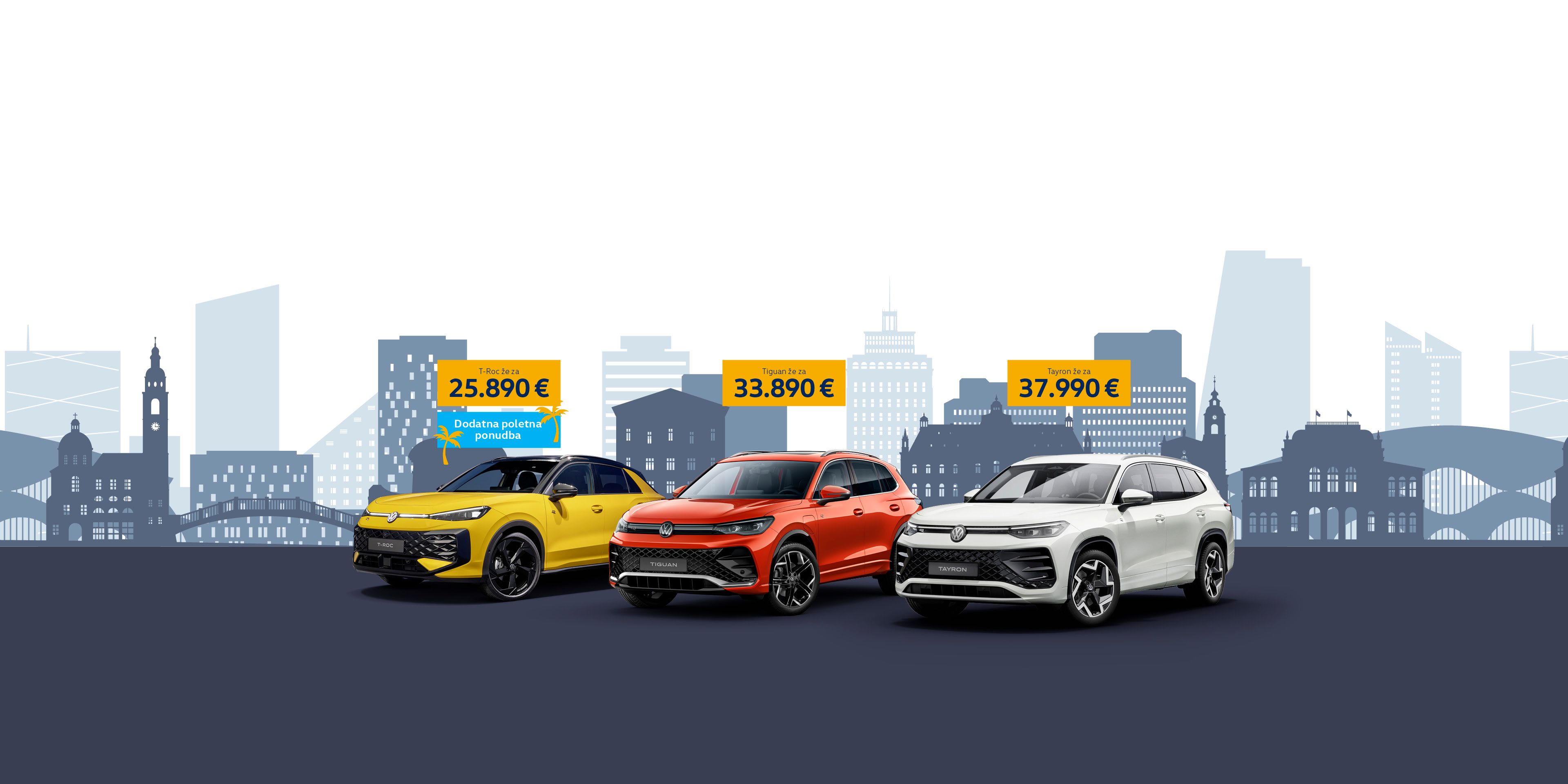 Oglas prikazuje Volkswagen T-Roc, Tiguan in Tayron, postavljeni v vrsto na temnem ozadju. Nad avtomobili je napis: »Prava izbira ima svoje ime.« Zgradbe v ozadju so stilizirane v modrih odtenkih in poudarjajo urbano okolje.