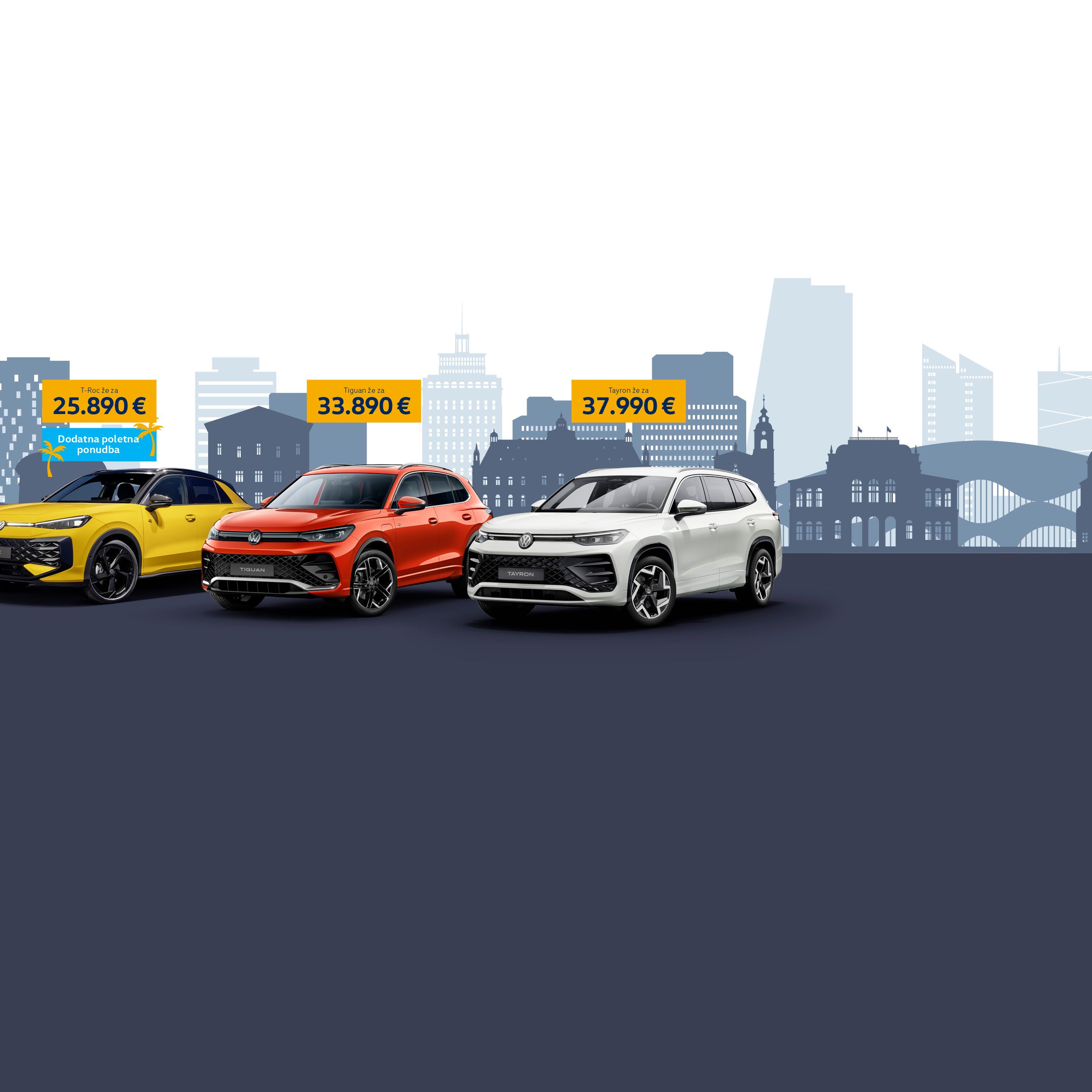 Oglas prikazuje Volkswagen T-Roc, Tiguan in Tayron, postavljeni v vrsto na temnem ozadju. Nad avtomobili je napis: »Prava izbira ima svoje ime.« Zgradbe v ozadju so stilizirane v modrih odtenkih in poudarjajo urbano okolje.