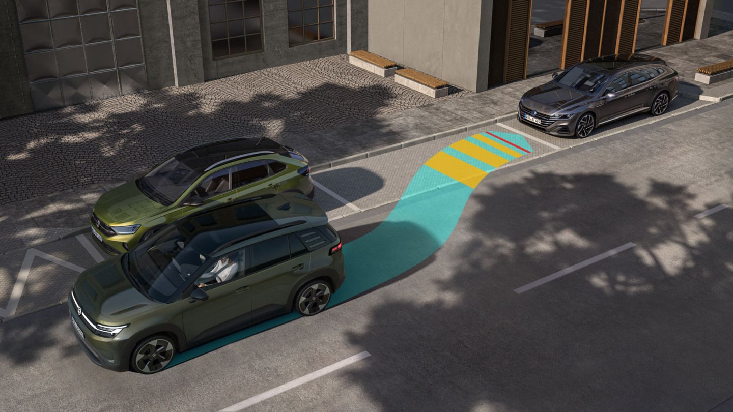 Illustration zeigt einen VW ID. Cross der mit Park Assist Plus rückwärts in eine seitliche Parklücke einparkt.