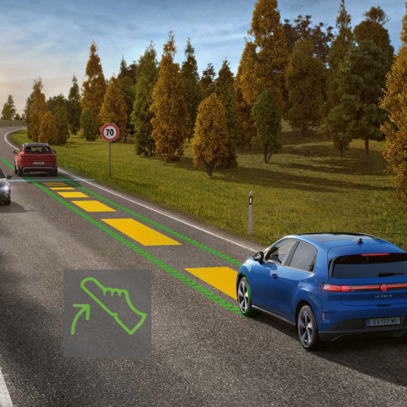 Shematsko prikazuje funkcionalnost Eco Assistance z modrim VW ID. Polo