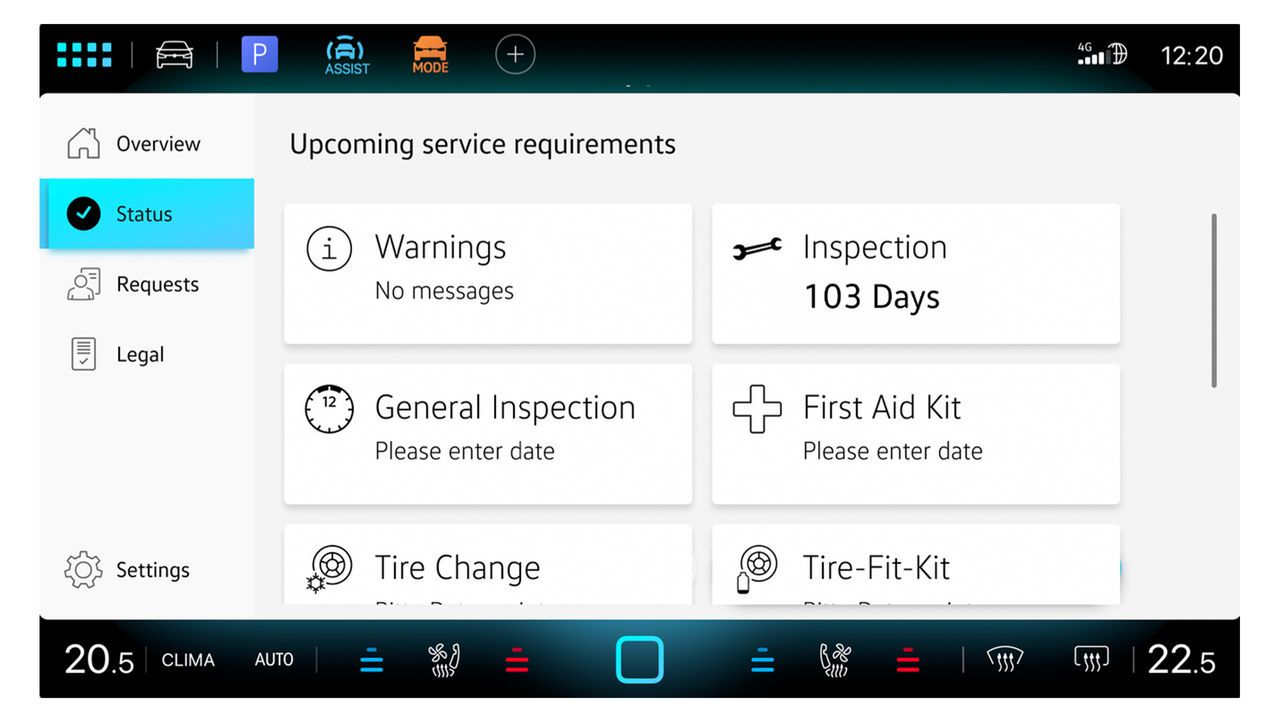 Zaslon prikazuje pregled stanja vozila v aplikaciji In-Car Servis vozila