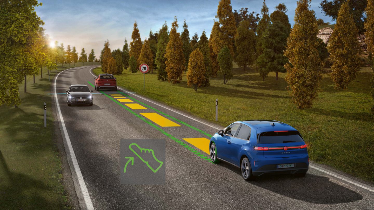 Shematsko prikazuje funkcionalnost Eco Assistance z modrim VW ID. Polo
