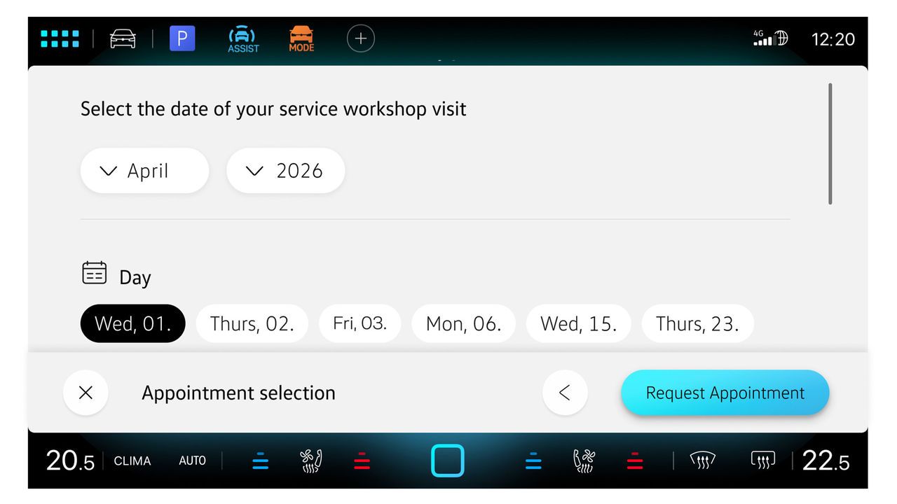 Zaslon prikazuje aplikacijo In-Car Servis vozila z izbirnim menijem za želeni termin