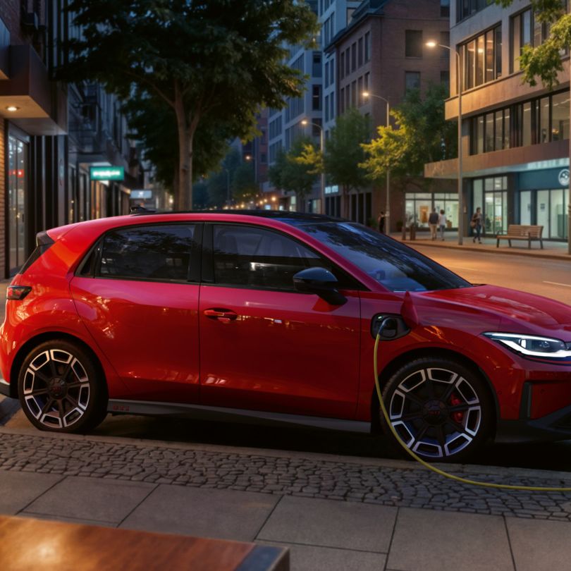 Rdeč VW ID. Polo GTI je parkiran na polnilni postaji za klimatsko napravo v poslovnem okrožju zvečer.