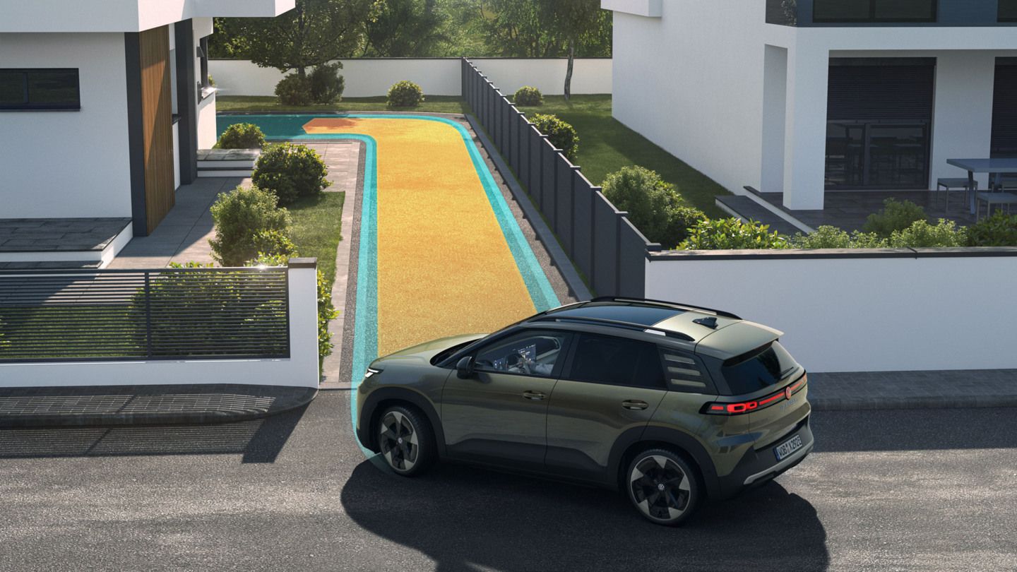 ALT TEXT (DE)
Illustration zeigt schematisch anhand eines ID. Cross die Funktionsweise der Memory Funktion für den Parkassistenten.